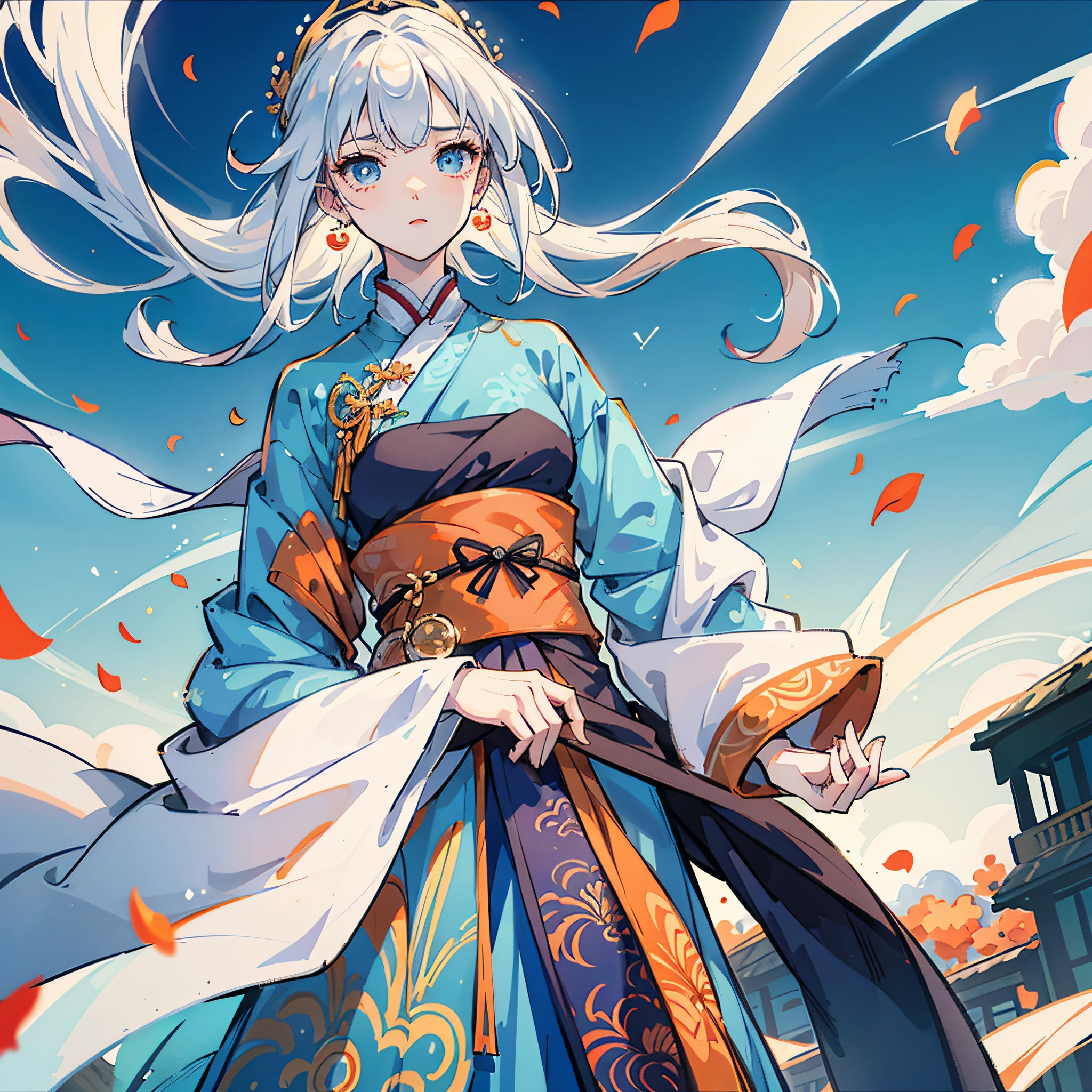 Mature girl ，Orange pupils，Blue-white hair color，Floating hair，Delicate and agile eyes，Intricate damask hanfu，Gorgeous accessories，Wearing pearl earrings，fov，f/1.8，tmasterpiece，blue-sky，Petals flying，Frontal portrait shot，Side lighting，The sun shines on people，8K modern comic book characters with flowing body posture cyberpunk style from the universe，Bring your own astigmatism --auto
