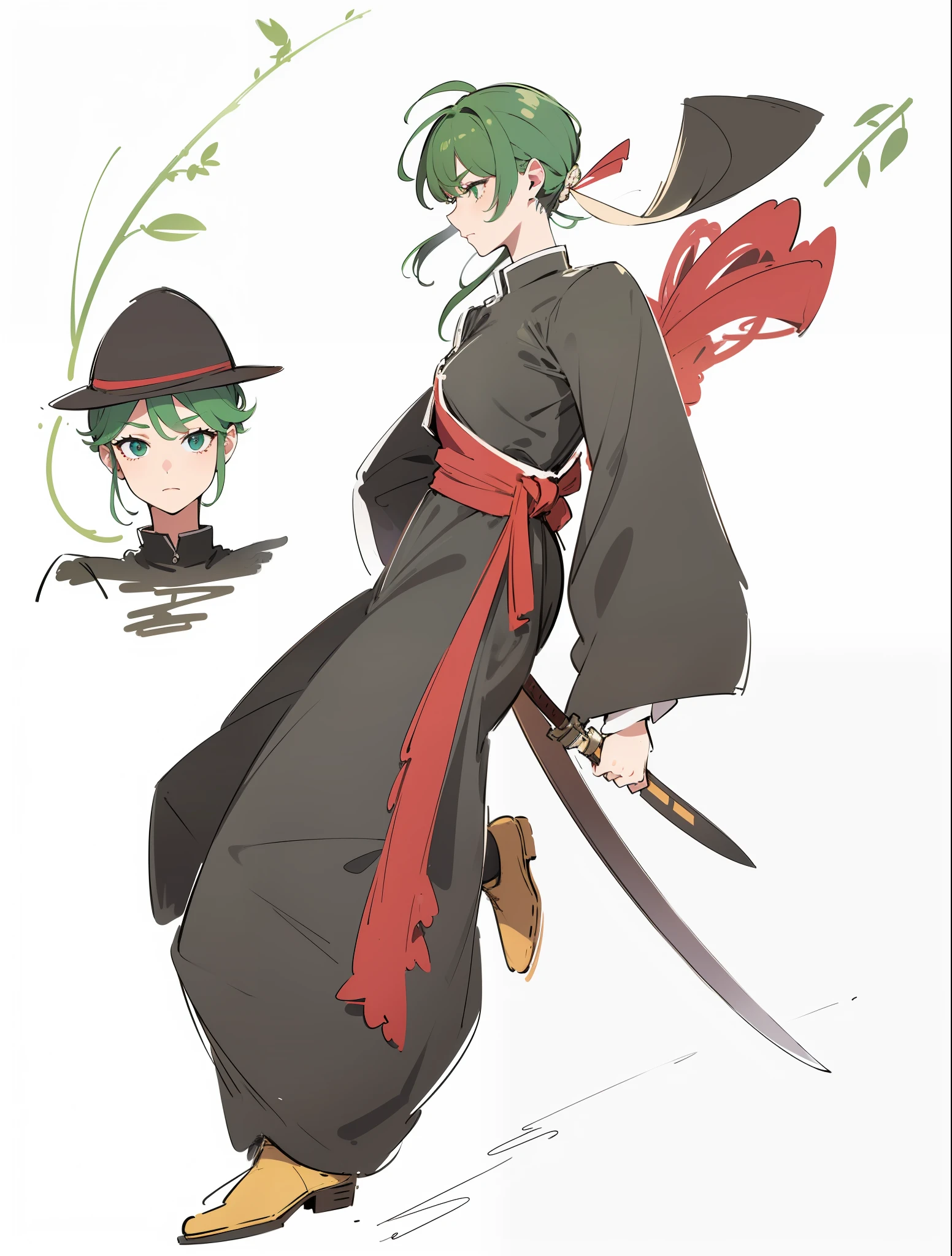 The green-haired female swordsman carries a short knife through the jungle in the wind, And good at using wooden elements