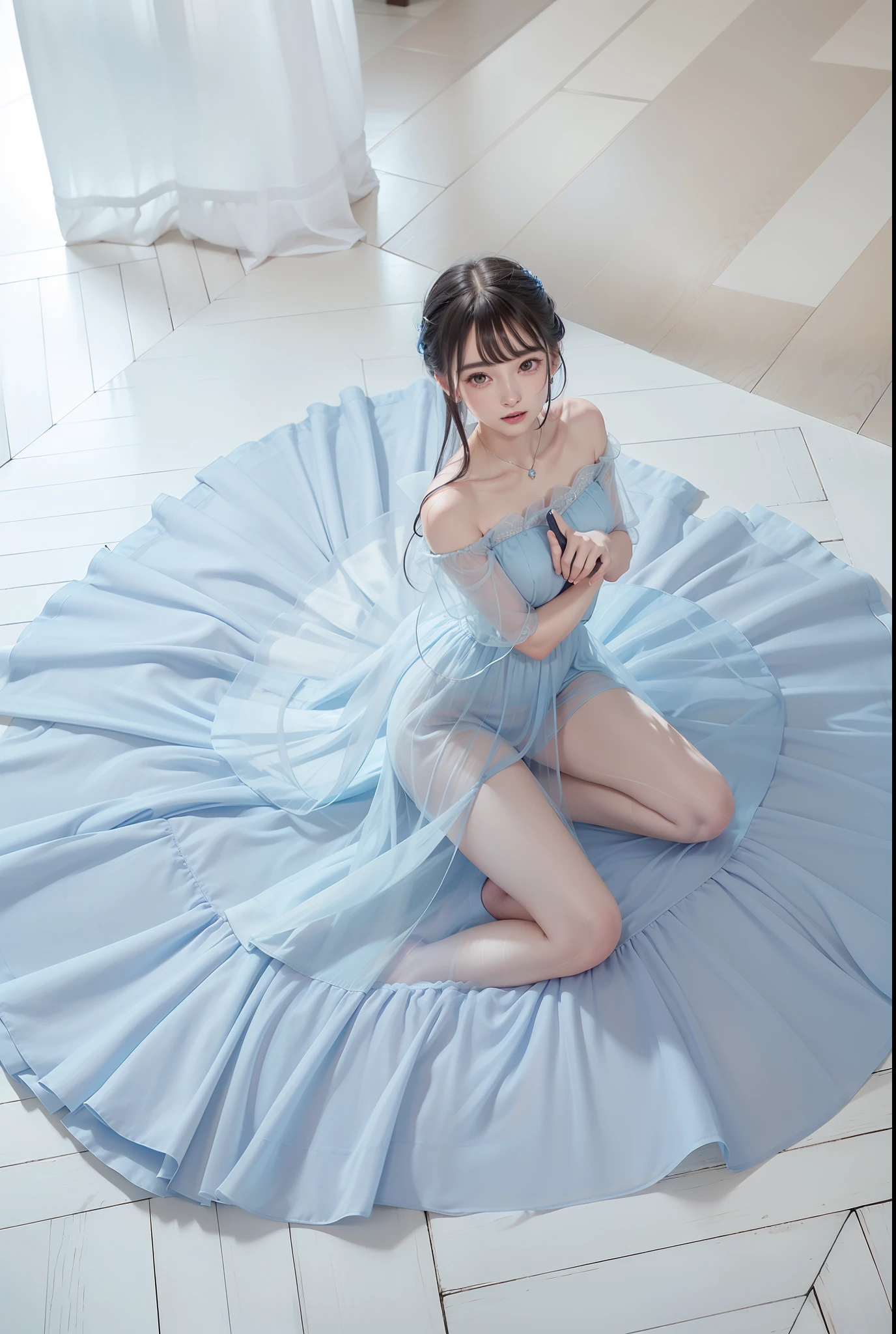 There is a woman sitting on the floor in a blue dress, Icy Blue Dress, pale-blue, rei hino as a princess, 奈良美智, light blue dress portrait, sakimichan, aya takano color style, translucent dress, Ayami Kojima Amano, in dress, blue gray, Ethereal!!!!!!!