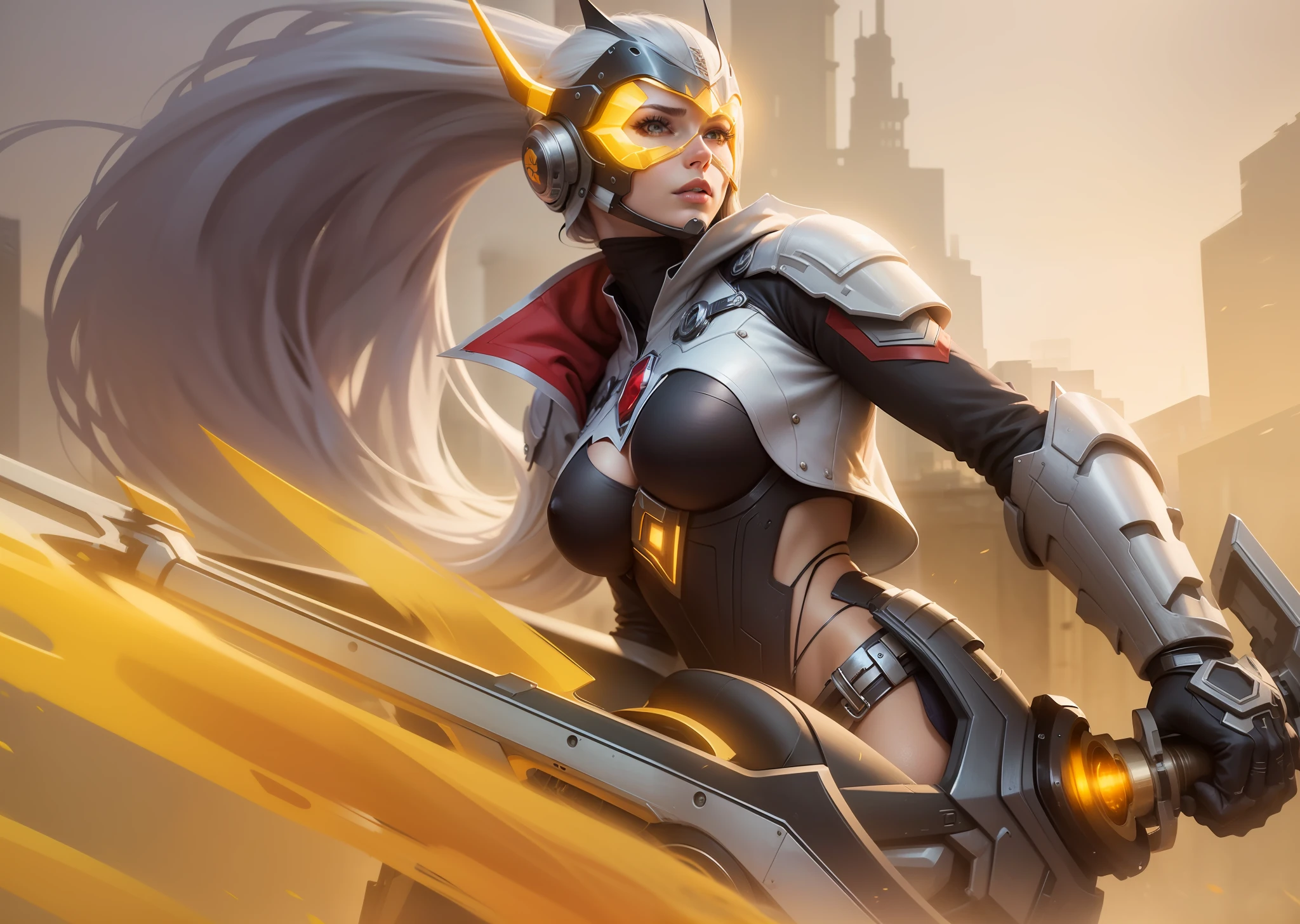"((best quality)), ((masterpiece)), ((realistic)), Realistic, ultra-detailed portrait of futuristic woman holdings big weapon, white long hair, futuristic mask, big breast, sexy but deadly, sexy superwoman, super hero, realistic potrait, 8k, High quality, RAW photo, cinematography,