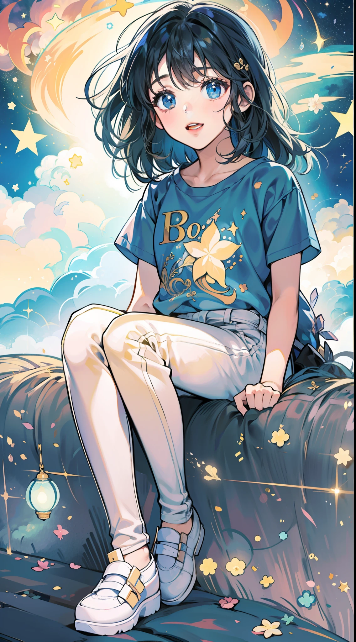 Become a woman。magical little girl。Wearing a white T-shirt and dark blue pants。Wishing for a starry sky。Hope for a colorful universe。It is an anime-style illustration。Beautiful with the best image quality