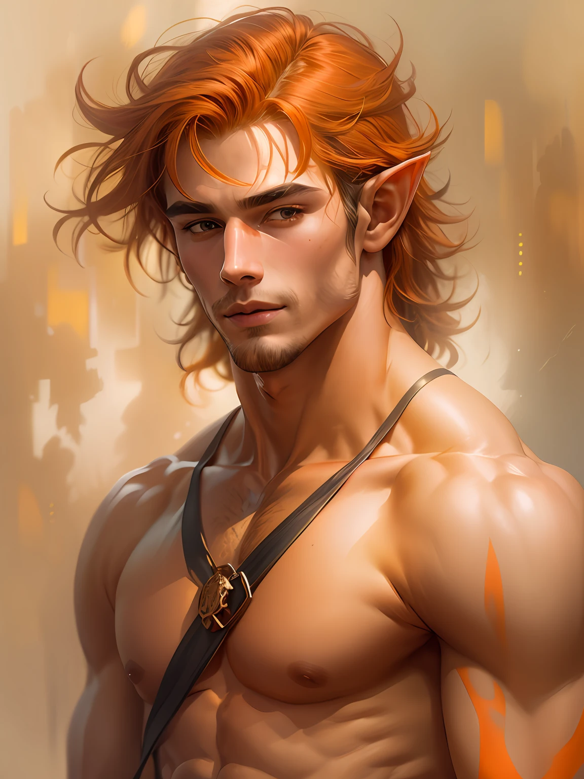 A full body image like a renaissance art piece of one extremely handsome male elf naked wearing just a small black thong, clean shaved, athletic body, (white skin), bare chest, (long orange  scruffy hair), serene expression, small waist, muscular.