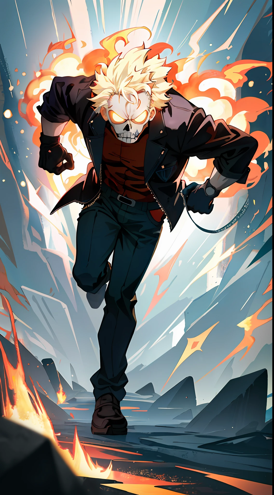 ((Masterpiece))), ((Best Quality))), ((Ultra Detailed)), (Surreal), (Highly Detailed CG Illustration),a close up of a person on a fire, my hero academia, sinister and stylish, highly upvoted, mohawk, homelander, 2 0 1 9 anime, in an anime, ultra detaild, 3d anime, krenz cushart and artgerm, very anime, ghost rider, name of the character is chad, sans, beastly,((1boy)), full body, badass pose, perfect proportion, perfect body, perfect hand, perfect pose, badass, stylish pose, stylish