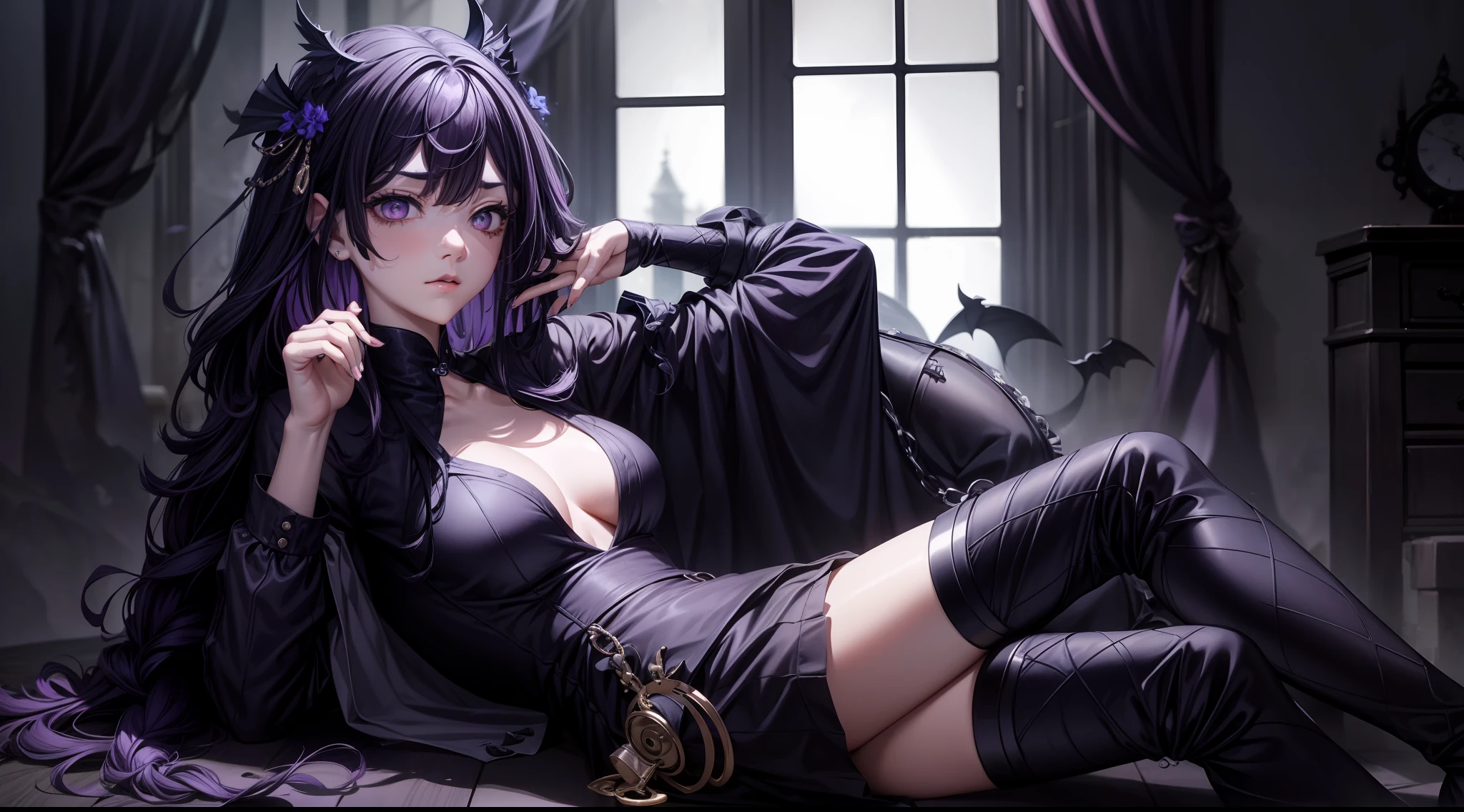 The spooky castle has a dark loli、A pair of bright and deep、Mysterious big eyes，The eyes reveal an invincible temperament。 ccurateblack hair：Her hair is jet black，Can be trimmed into short curls or fluffy curls， Wearing some peculiar hair accessories，If there is a bat-shaped hairpin、Headgear or pins, etc、Wear black or dark purple，to highlight her dark style、Wear a black dress or black long-sleeved top with a dark skirt、There may be some peculiar patterns or tattoos on the clothes，Like skeletons、serpent、cawing ravens, etc、Mysterious and eerie feeling、Wear black high boots or pair them with fishnet socks，Rebellious and solemn atmosphere、Wear a black cape or cape in cold weather、Delicate face、(Extreme Detail CG Unity 8K Wallpapers，tmasterpiece，Highest image quality)，(Delicate light and shadow，The picture is highly dramatic，Cinematic lens effect)，