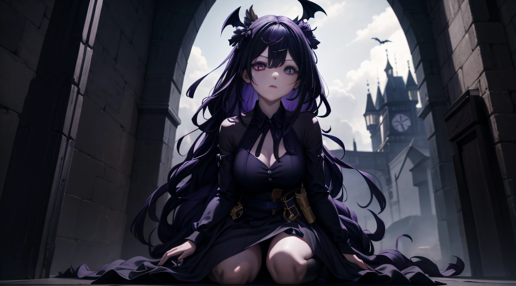 The spooky castle has a dark loli、A pair of bright and deep、Mysterious big eyes,The eyes reveal an invincible temperament。 ccurateblack hair:Her hair is jet black,Can be trimmed into short curls or fluffy curls, Wearing some peculiar hair accessories,If there is a bat-shaped hairpin、Headgear or pins, etc、Wear black or dark purple,to highlight her dark style、Wear a black dress or black long-sleeved top with a dark skirt、There may be some peculiar patterns or tattoos on the clothes,Like skeletons、serpent、cawing ravens, etc、Mysterious and eerie feeling、Wear black high boots or pair them with fishnet socks,Rebellious and solemn atmosphere、Wear a black cape or cape in cold weather、Delicate face、(Extreme Detail CG Unity 8K Wallpapers,tmasterpiece,Highest image quality),(Delicate light and shadow,The picture is highly dramatic,Cinematic lens effect),