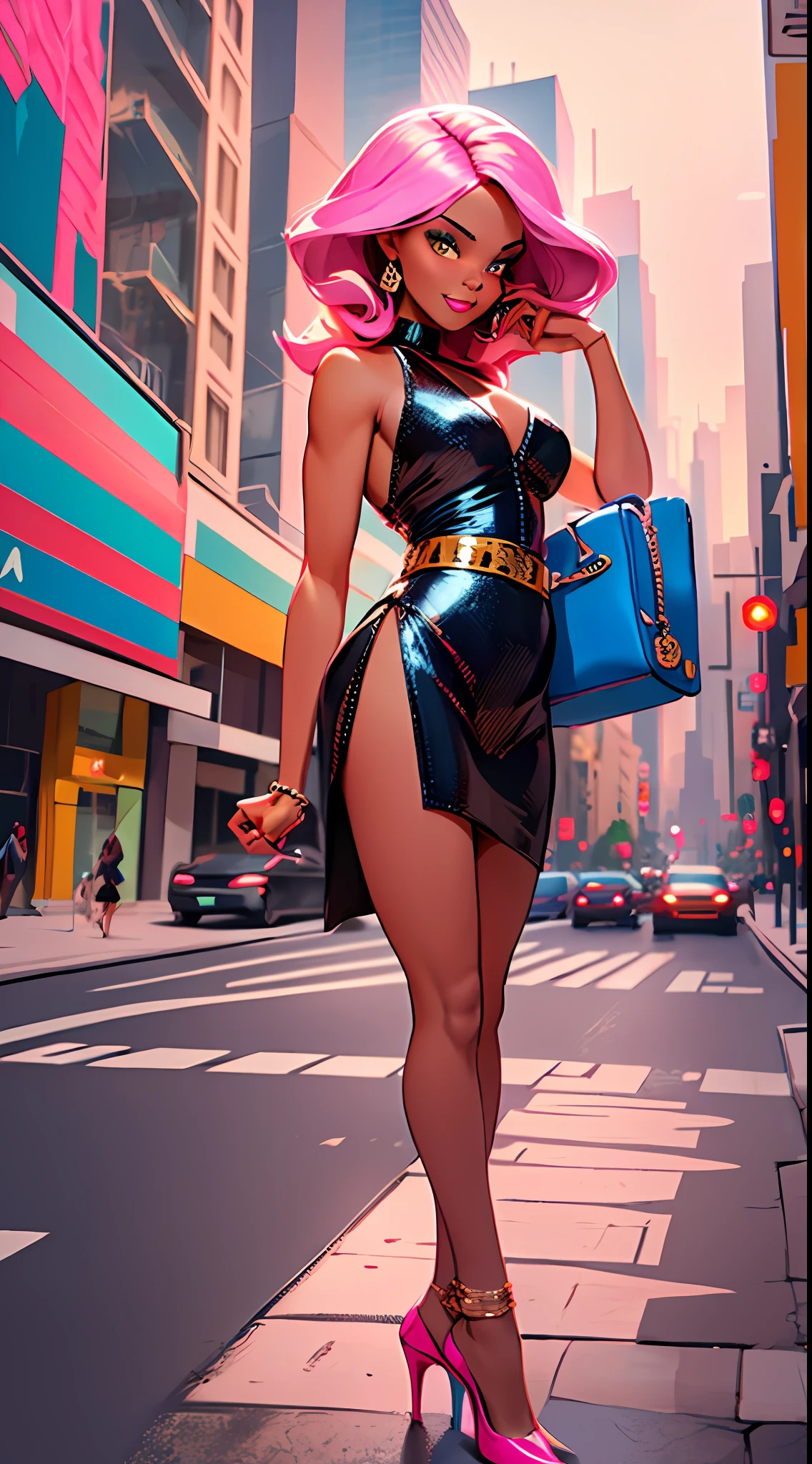 The character is a Barbie, An iconic doll known for its beauty and elegance. She's standing on a busy street, with tall buildings in the background and cars passing behind it. The image is created to be used as a profile, with vibrant colors and strong strokes.

A Barbie tem cabelos loiros longos e olhos azuis brilhantes. She's wearing a light pink dress and a pair of pink high-heeled shoes. Her arms are folded at her sides and she has a soft smile on her face.

Ao fundo, There is a busy street with tall buildings and skyscrapers. There are cars passing by and people walking the streets. The setting is created to emphasize the beauty and modernity of the city.

Barbie's pose suggests that she is a confident and elegant woman, ready to face the world with grace and style. The image style is designed to be used as a profile, with strong and expressive traits to emphasize the beauty of the character.

O meio utilizado seria a arte digital em estilo de desenho animado, with shading techniques and vibrant colors to create the detailed and realistic look of a Barbie in the city.