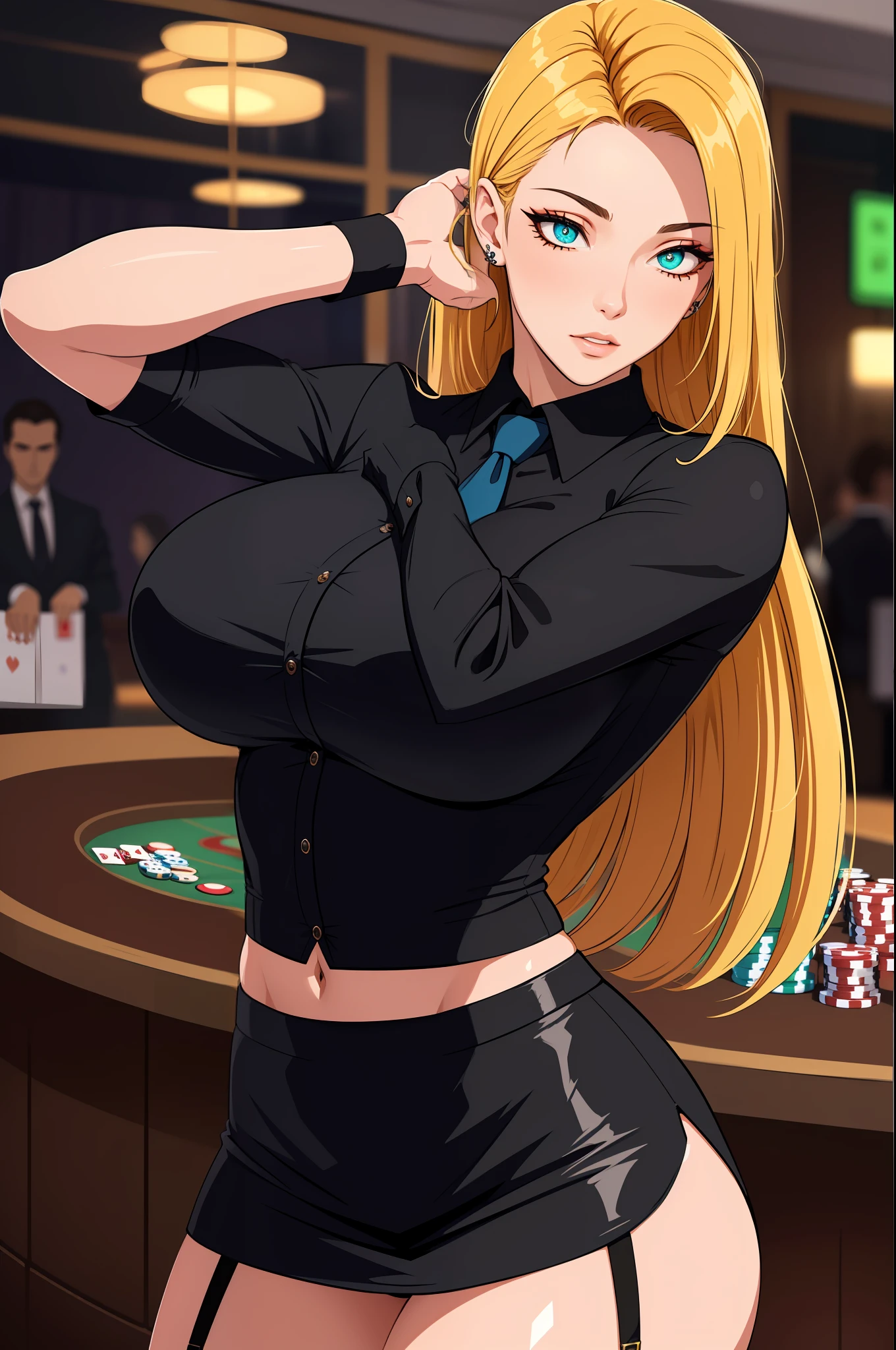 (masterpiece, highres, best quality:1.2), 8K, highly detailed, intricate, colorful, vibrant image, sharp focus, cinematic) blonde hair, long hair, green eyes, body builder (Wearing black business outfit, black_collared shirt cropped jacket ,tie,necktie,black frilled skirt, garter straps, leather waist belt) (big perfect round breasts,hourglass body, thin waist,very thin waist, Photo realistic,(hyperrealistic:1)beautiful, masterpiece, best quality, extremely detailed face,perfect face,beautiful face, perfect lighting,detailed eye makeup, detail face, nice detailed eyes,nice hands, perfect hands,glowing eyes (realistic pupils,realistic iris:1) heavy eye makeup,(empty Casino)(Posing dynamically)