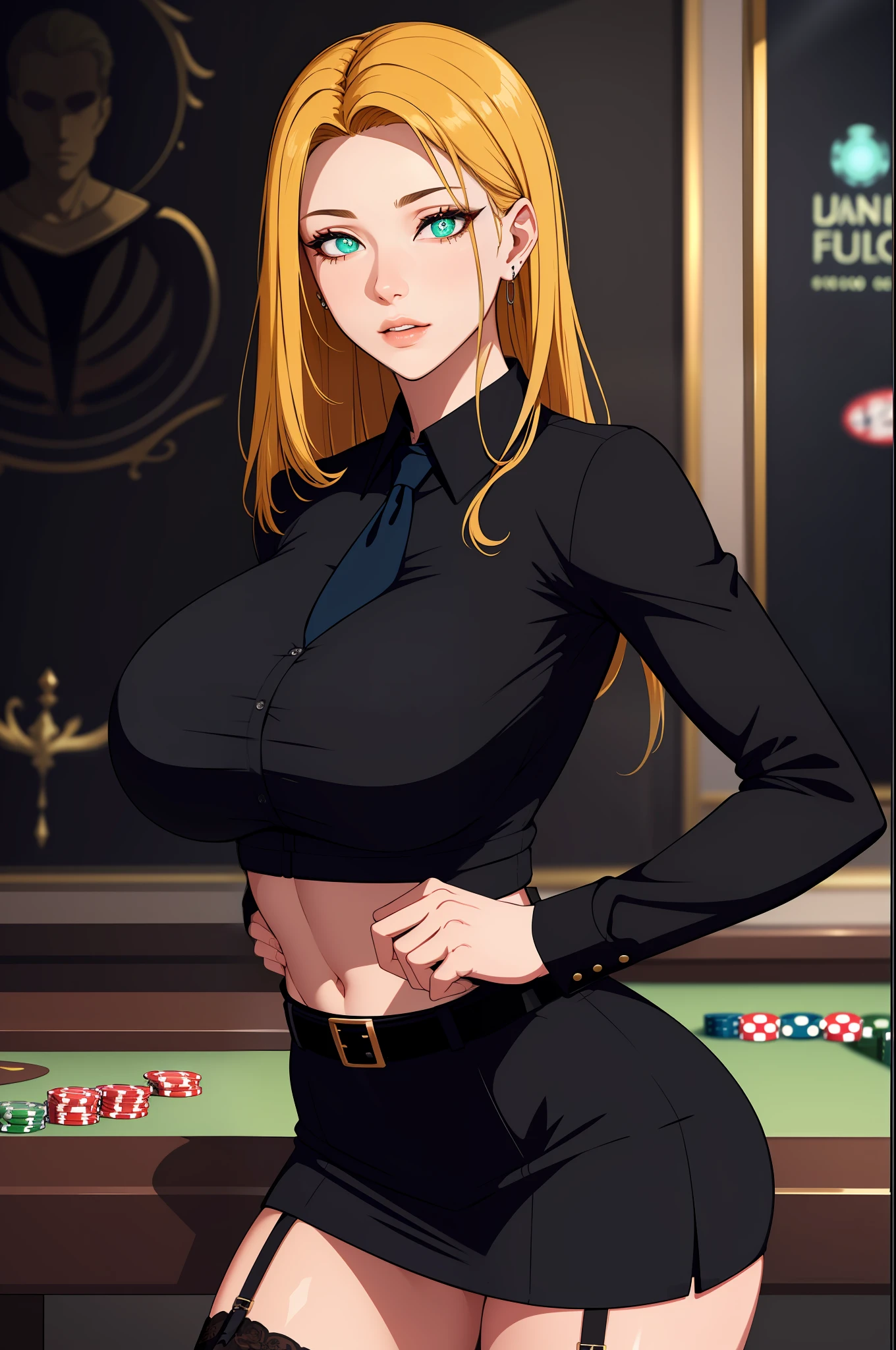 (masterpiece, highres, best quality:1.2), 8K, highly detailed, intricate, colorful, vibrant image, sharp focus, cinematic)  blonde hair, long hair, green eyes, body builder (Wearing black business outfit, black_collared shirt cropped jacket ,tie,necktie,black frilled skirt, garter straps, leather waist belt) (big perfect round breasts,hourglass body, thin waist,very thin waist, Photo realistic,(hyperrealistic:1)beautiful, masterpiece, best quality, extremely detailed face,perfect face,beautiful face, perfect lighting,detailed eye makeup, detail face, nice detailed eyes,nice hands, perfect hands,glowing eyes (realistic pupils,realistic iris:1) heavy eye makeup,(empty Casino)(Posing dynamically)