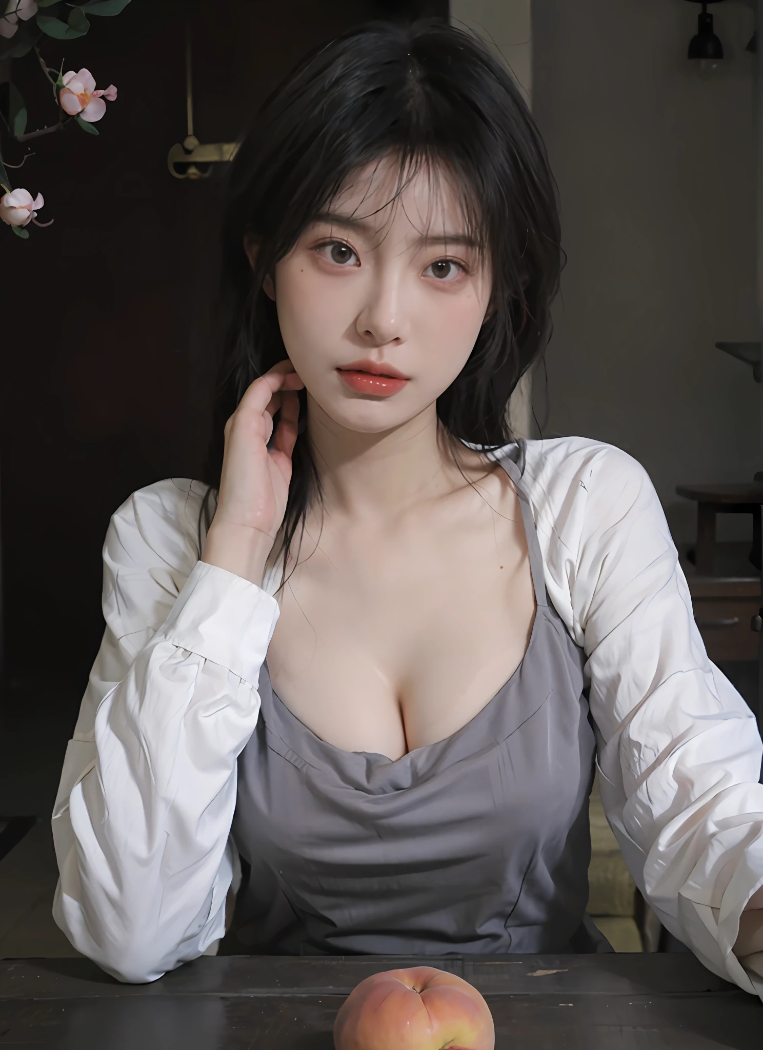best qualtiy， 超高分辨率， （realisticlying：1.4）， one-girl， A pair of clear and moving peach blossom eyes,Royal Sister，a sense of atmosphere，a beauty girl（Faded gray-gray hair：1）， （big cleavage breasts：1.3）， looking at viewert， closeup cleavage ，