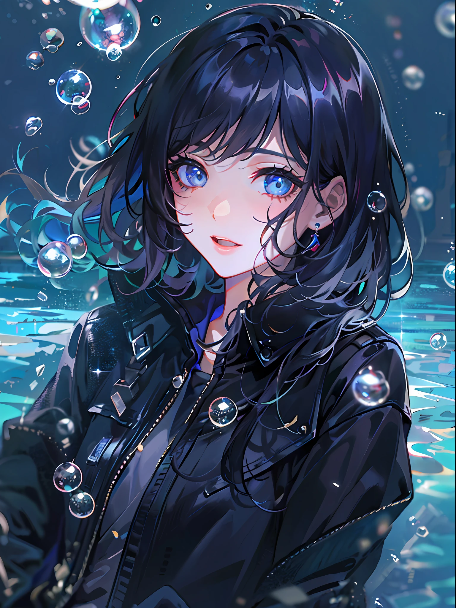 ((top-quality)), ((masterpiece)), ((ultra-detailliert)), (extremely delicate and beautiful), girl with, 独奏, cold attitude,((Black jacket)),She is very(relax)with the(Settled down)Looks,A dark-haired, depth of fields,evil smile,Bubble, under the water, Air bubble,bright light blue eyes,Inner color with black hair and light blue tips,Cold background,Bob Hair - Linear Art, shortpants、knee high socks、Camisole inner shirt