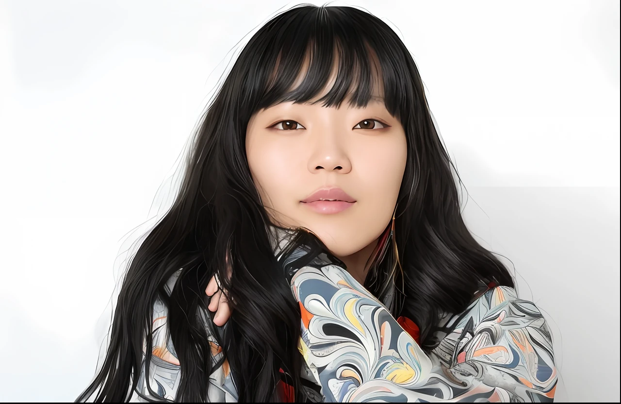 Årafed woman with long black hair and patterned shirt, gongbi, lee ji-eun, lee ji - eun, kim jung gi, shin min jeong, Choi Hong Hwa, park ji-min, She has black hair with bangs, kwak ji young, taejune kim, jaeyeon nam, iu lee ji-eun as a super villain