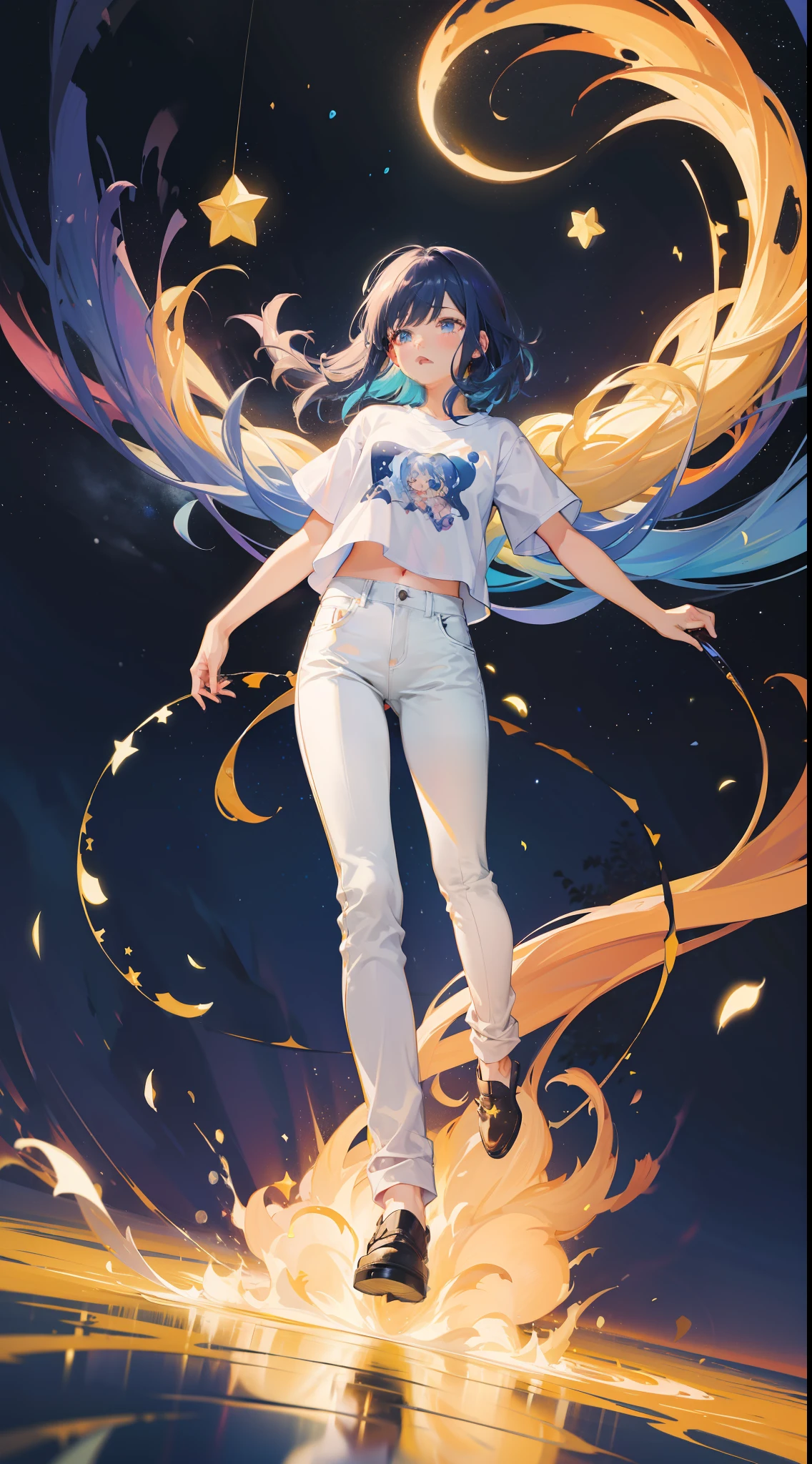 Become a woman。magical little girl。Wearing a white T-shirt and dark blue pants。Wishing for a starry sky。Hope for a colorful universe。Star Spirit。It is an anime-style illustration。Beautiful with the best image quality