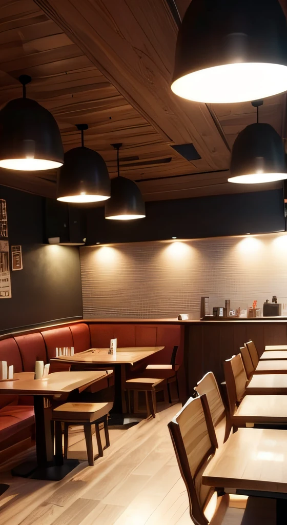 Design a restaurant business space,The products sold are small hot pots for one person,Eat all the meat and dishes,The environment is approachable but lively。The seating space should not be too crowded,The color tone of the space is woody,The lighting should have an atmosphere,Don't be too bright。 --auto