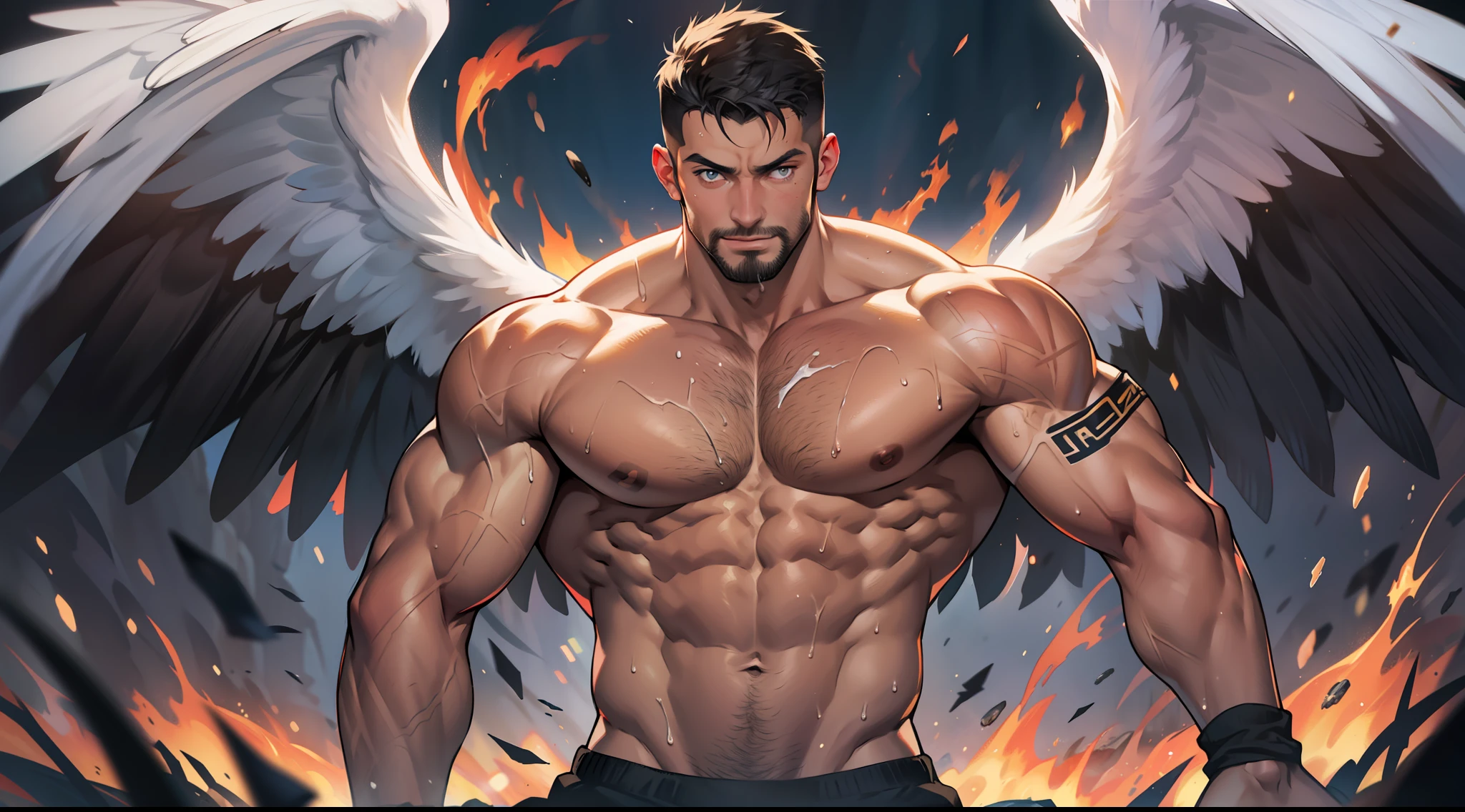 masterpiece, best quality, face, natural eyes, 1man, european, big feet, black socks, (no shoes), full body, large bulge, long legs, looking at viewer, 30 years old, muscled and mature, short haircut, face covered with white fluids, sweating, tight cloth, erecting, smirks, solo, white skin, muscular, muscle man, tall, hunk, big biceps, abs, wide shoulder, open chest, facial hair, black short hair, wet body, wet hair, viewer looking, high resolution:1.2, best quality, full body, flat style, dark sky, a male angel with huge black wings, fire on the ground, dark angel, black wings, tatooed arms, remote camera, walking,