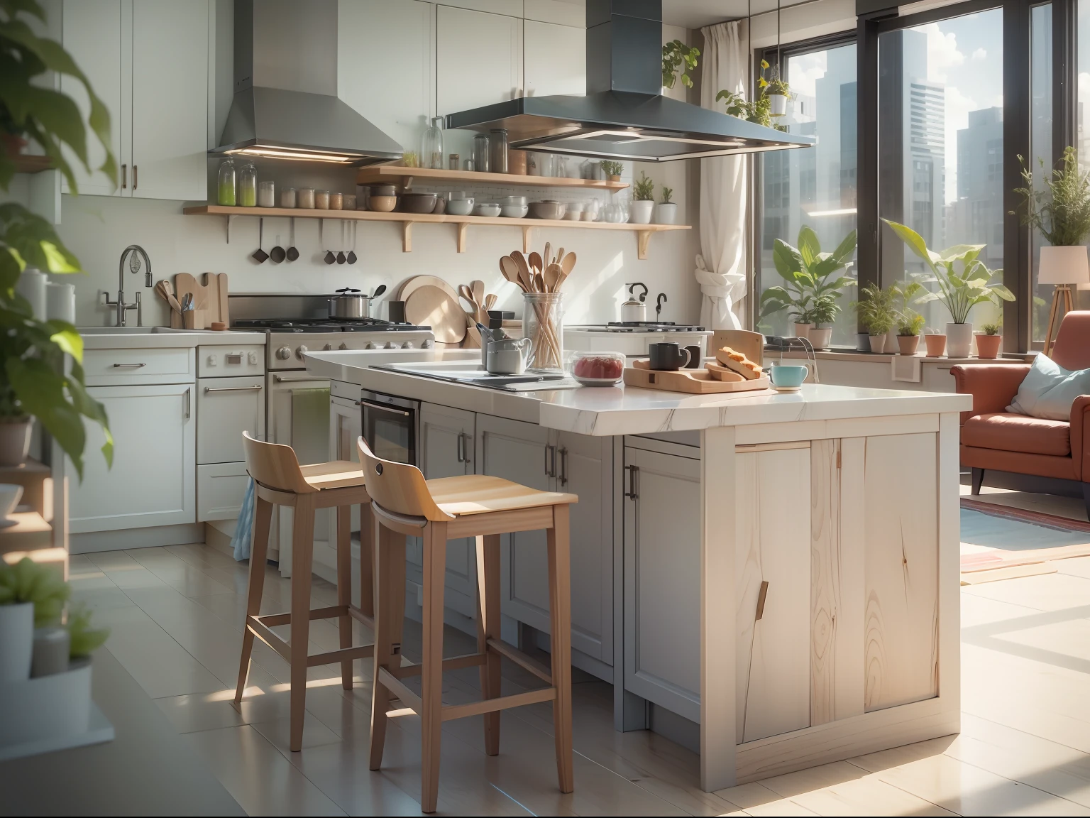 High-detail RAW color photography, Modern kitchen with loft-style breakfast bar, (higly detailed, hyper-detailing), (lens glare: 0,7), particle fx, ray traced, 电影灯光, Shallow depth of field, photographed with Sony a9 II, 50mm wide angle lens, sharp-focus