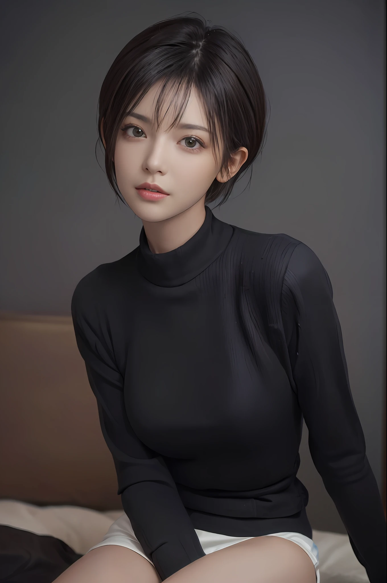 (masterpiece:1.3), (8k, photorealistic, RAW photo, best quality: 1.4), (1girl), beautiful face, (realistic face), (black hair, short hair:1.3), beautiful hairstyle, realistic eyes, beautiful detailed eyes, (realistic skin), beautiful skin, (sweater), absurdres, attractive, ultra high res, ultra realistic, highly detailed, golden ratio