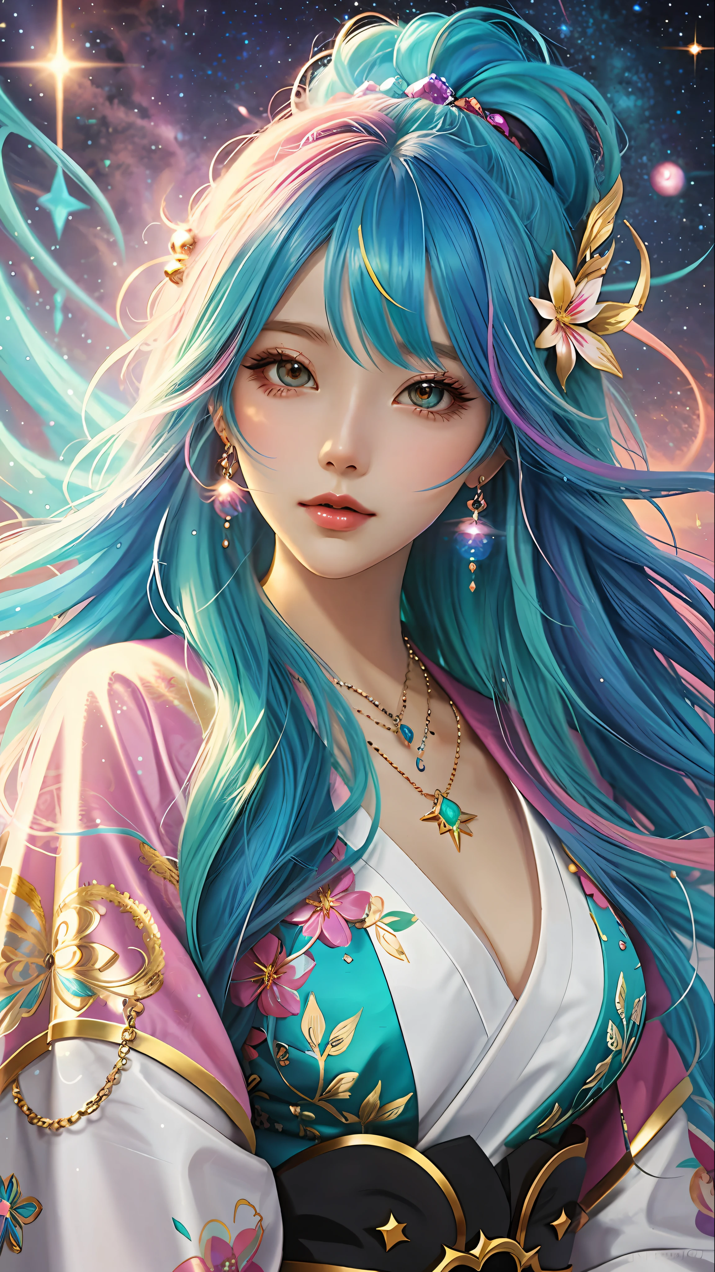 Close-up of a woman with colorful hair and necklace, anime girl with cosmic hair, Rossdraws' soft vibrancy, Gouviz-style artwork, fantasy art style, colorful]", vibrant fantasy style, Rossdraws cartoon full of vitality, cosmic and colorful, Guweiz, colorful digital fantasy art, stunning art style, beautiful anime style, white skin, secretary costume,
