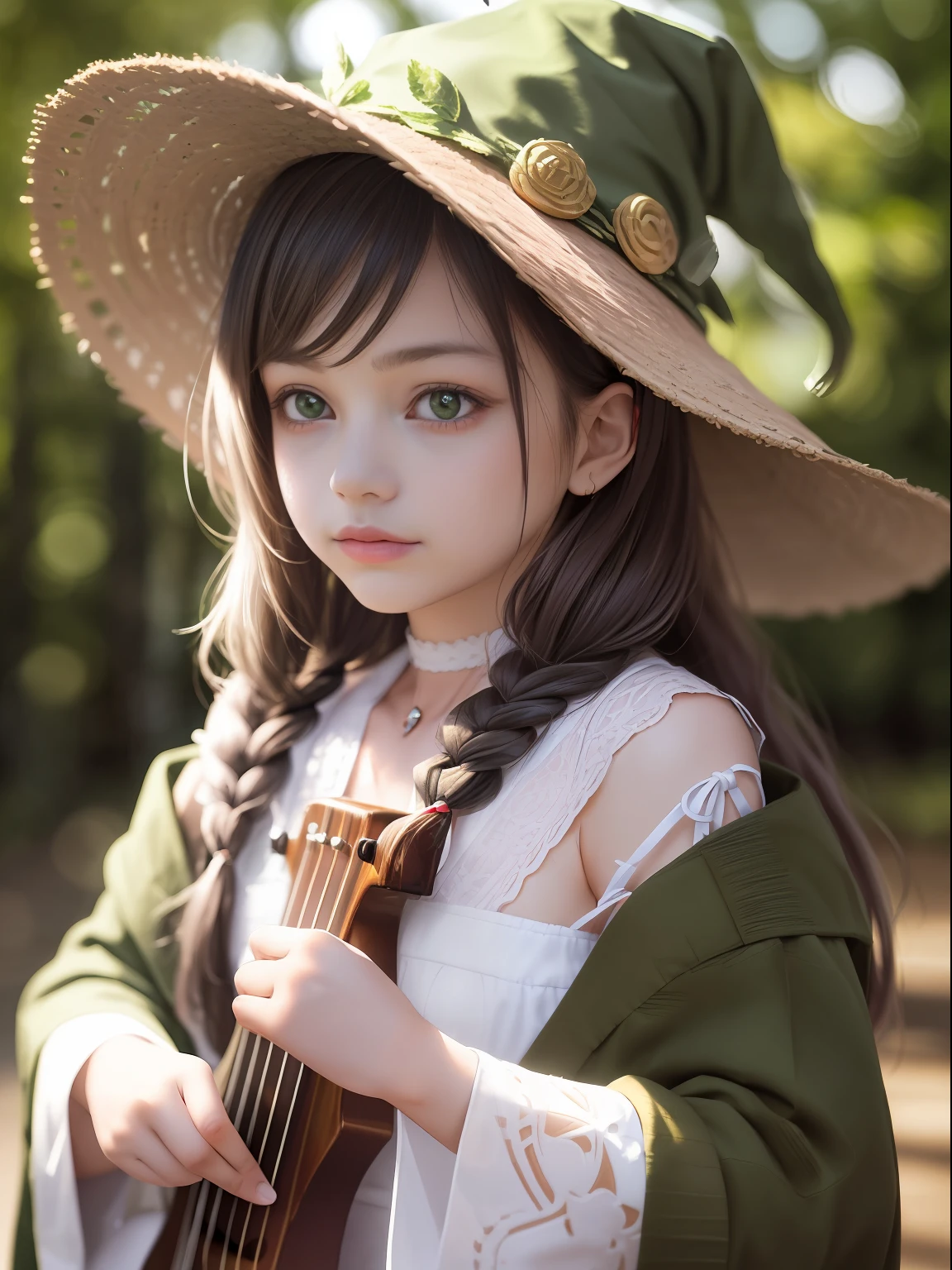 (Pretty  girl with braids wearing a green witch's hat), (cute girl about 11 yeaying the lute, simple green witch hat,(masterpiece), (extremely intricate:1.3), (realistic), portrait of a little girl, the mautiful in the world, (green witch's robe) , upper body, forest, intense sunlight, professional photograph of a stunning girl detailed, sharp focus, dramatic, award winning, cinematic lighting, ,  volumetrics dtx, (film grain, blurry background, blurry foreground, bokeh, depth of field, sunset, motion blur:1.3), chainmail,chuuChloe,yuyao,Realism,Oversized shirt