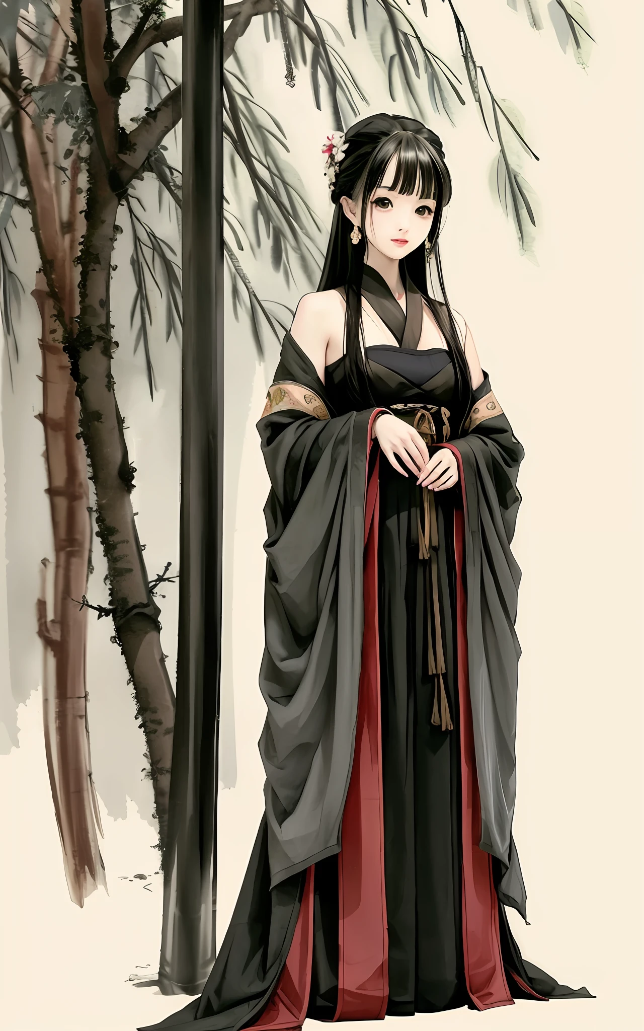 Portrait of a woman standing , Willow branches, (Masterpiece, Best quality:1.2), Traditional Chinese Ink Painting, ModelShoot style, Peaceful, (Smile), wearing long hanfu, Hanfu, Blackn clothes