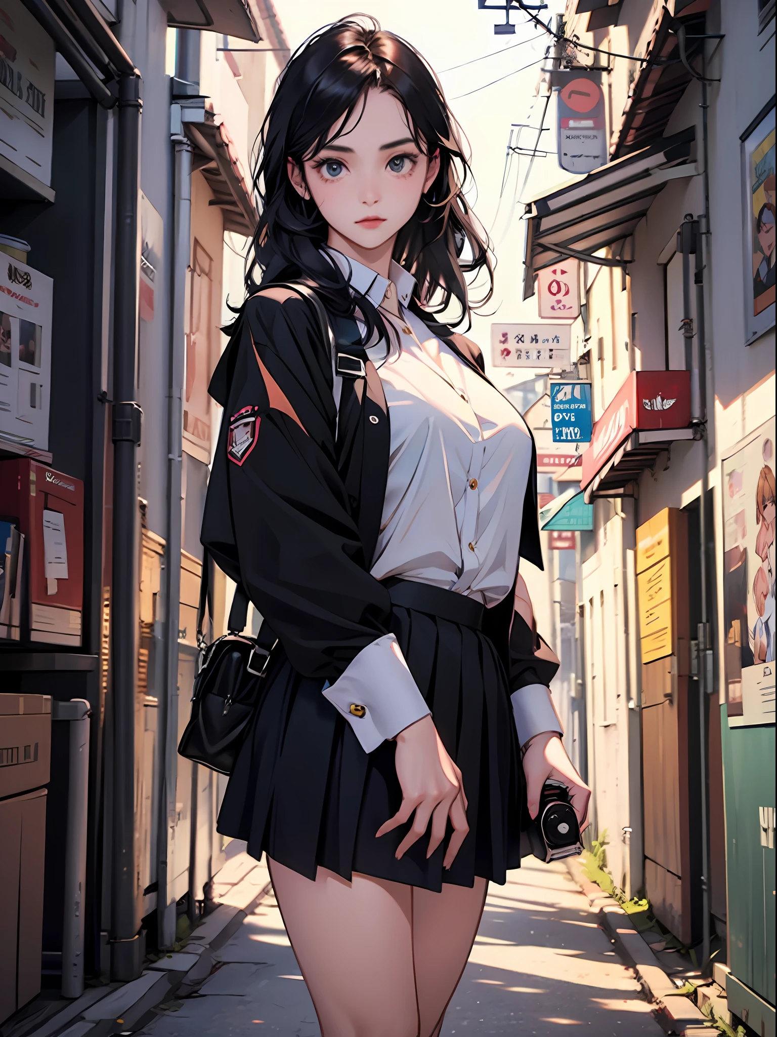 15 year old young girl : 1.3, long black hair: 1.2, Casual wear: 1.2, Daytime: 1.2,In the school campus: 1.2,Wearing school uniform:1.2, Film lighting, Surrealism, UHD, ccurate, Super detail, textured skin, High detail, Best quality, 8k,