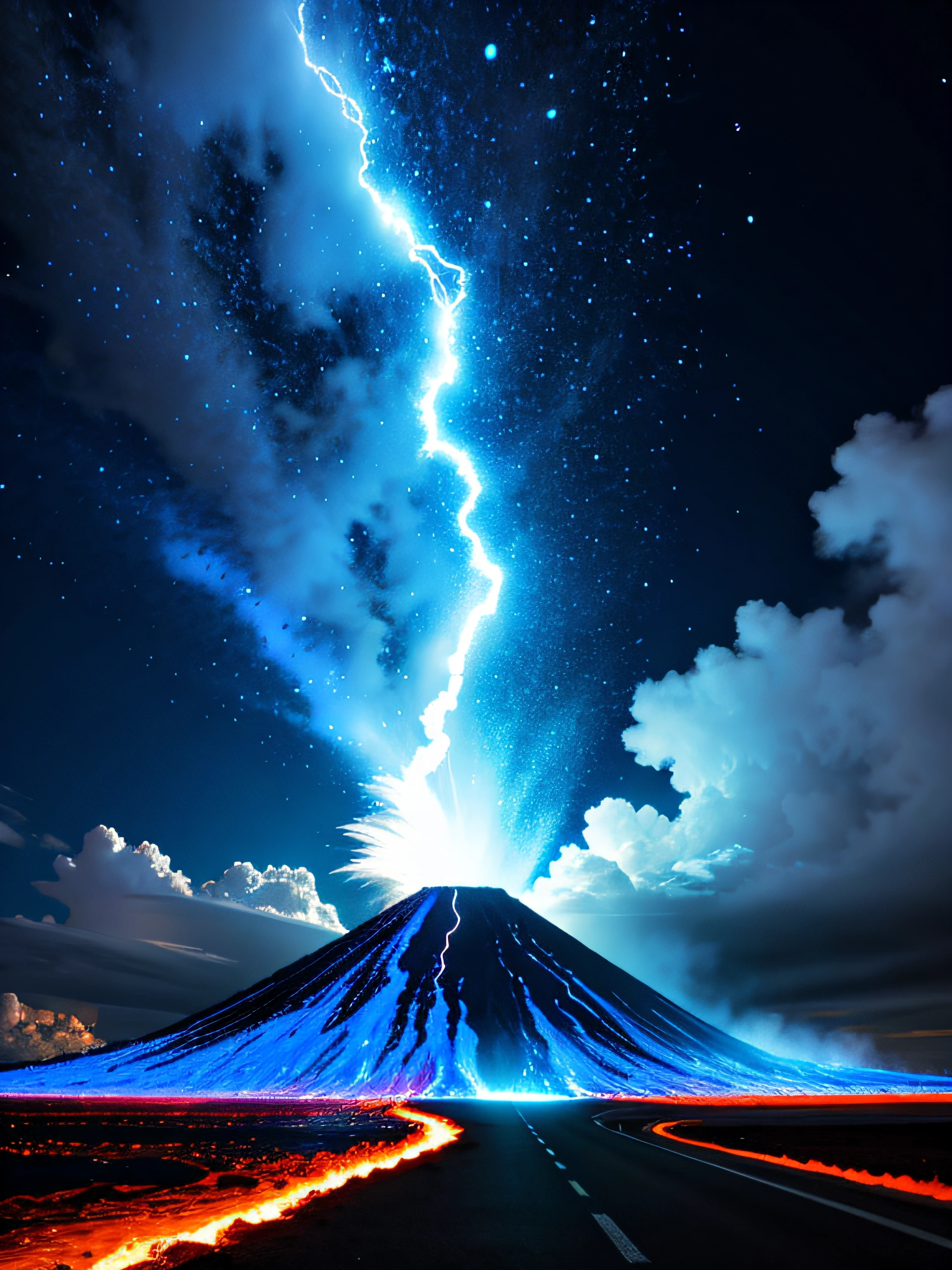 dramatic sky, blue lightning Style: masterpiece, best quality, 8k, sharp focus, realistic, ((Detailed)), ((Dynamic pose)), ((Good Highlights)), (Perfect Proportions), (dynamic), (intricate), (complimentary colors), good perspective, (Professional), (Award winning)
ADDCOMM
volcanic island background
Red flame, soft particles, explosion
BREAK
green flame, soft particles, explosion
BREAK
blue flame, soft particles, explosion
volcanic island background