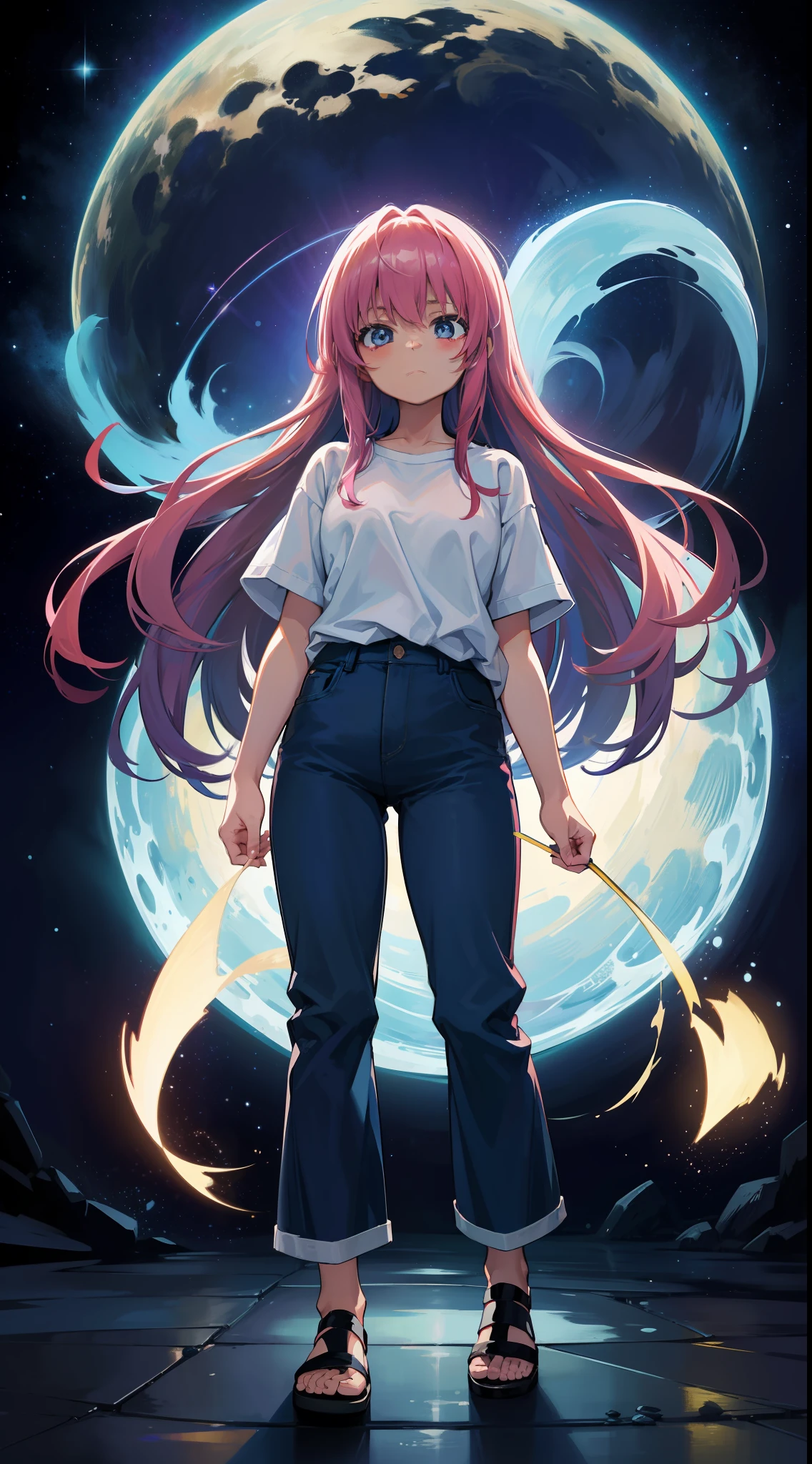 Become a woman。magical little girl。Wearing a white T-shirt and dark blue pants。Wishing for a starry sky。Hope for a colorful universe。It is an anime-style illustration。Beautiful with the best image quality