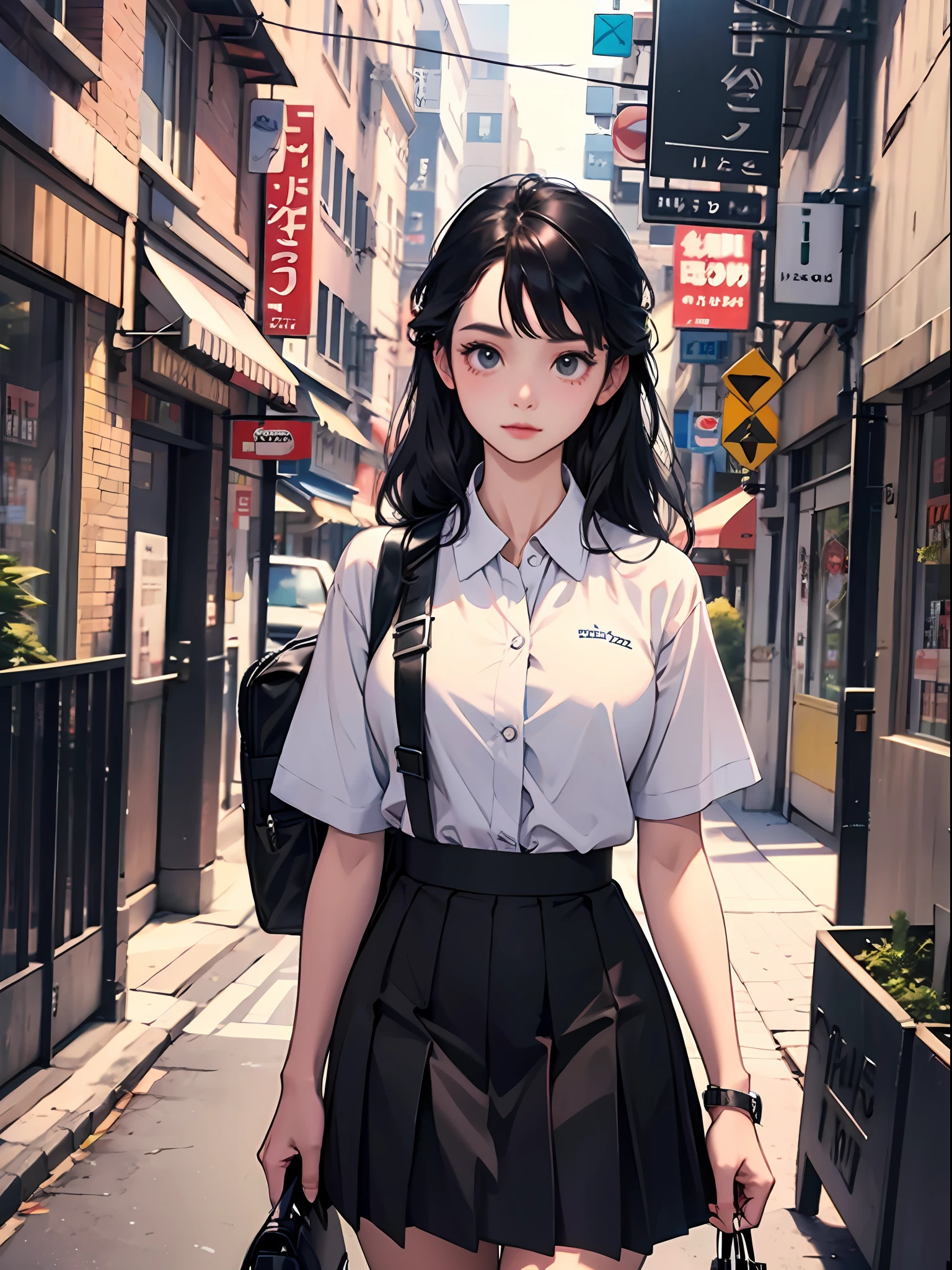 young girl : 1.3, long black hair: 1.2, Casual wear: 1.2, Daytime: 1.2,In the school campus: 1.2,Wearing school uniform:1.2, Film lighting, Surrealism, UHD, ccurate, Super detail, textured skin, High detail, Best quality, 8k,