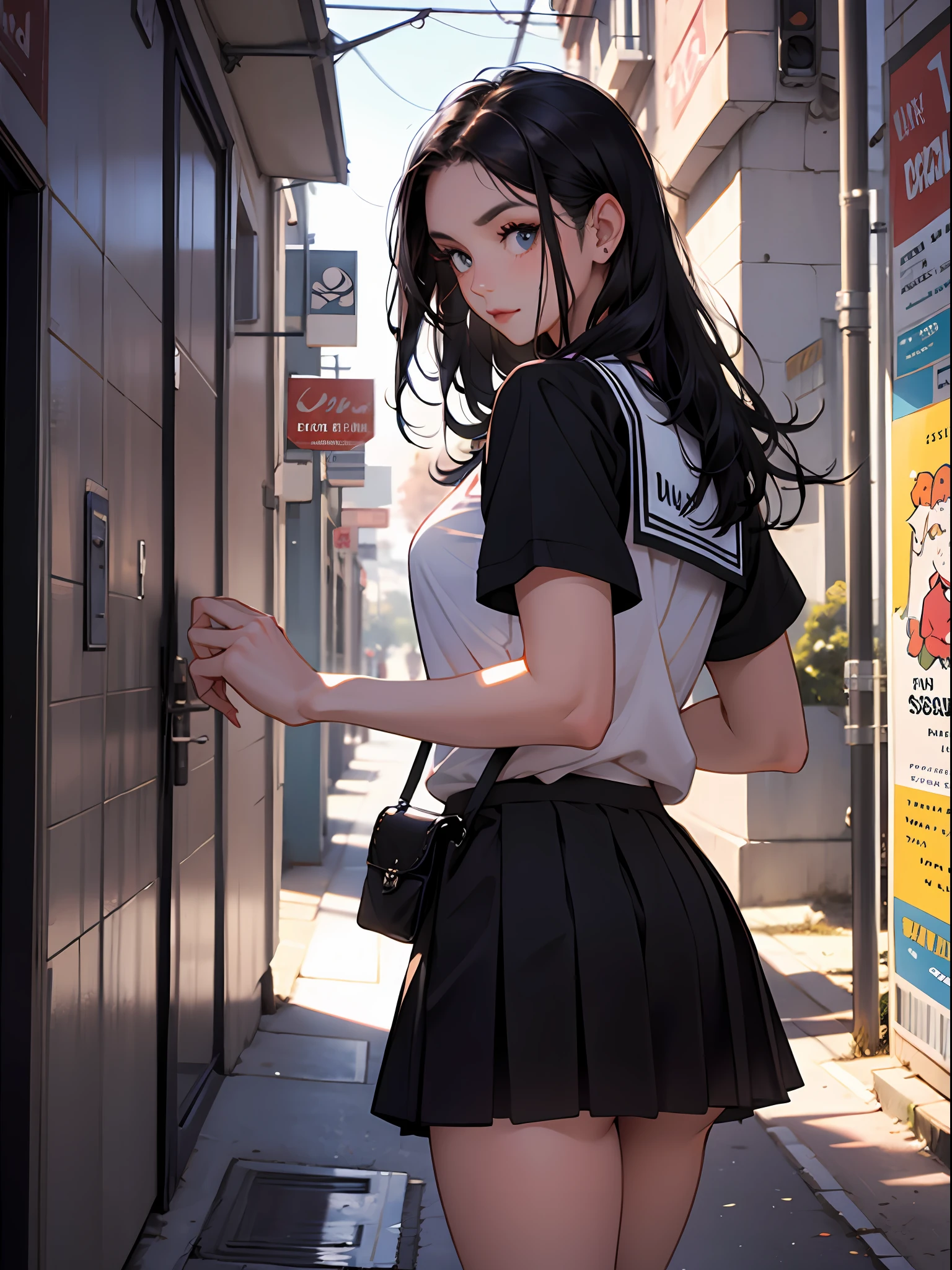  young girl : 1.3, long black hair: 1.2, Casual wear: 1.2, Daytime: 1.2,In the school campus: 1.2,Wearing school uniform:1.2, Film lighting, Surrealism, UHD, ccurate, Super detail, textured skin, High detail, Best quality, 8k,