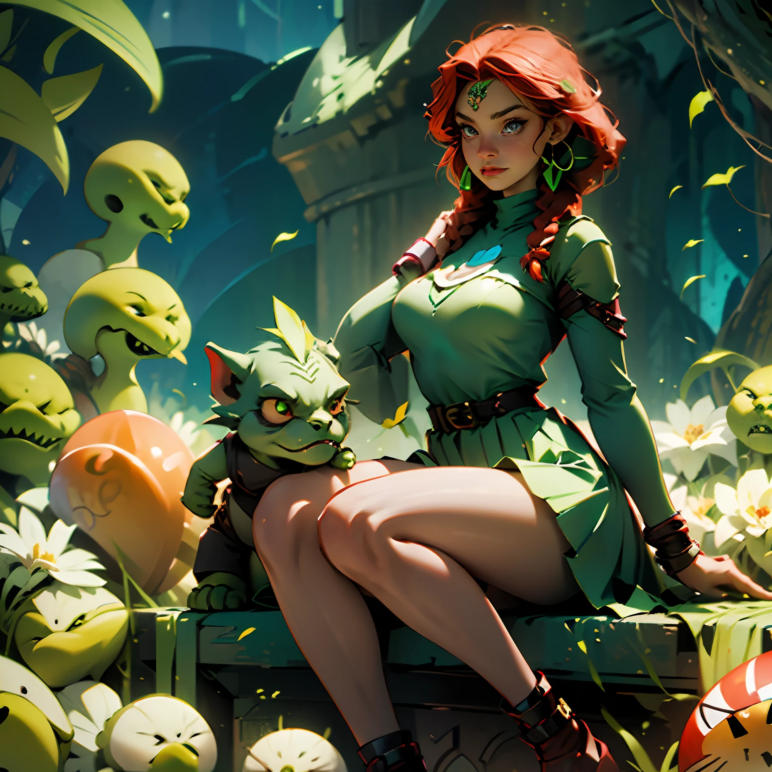 Goblin Girl, big Tits, green skin, red hair, braids, cartoon, 85mm, full body, curvy, short skirt --auto