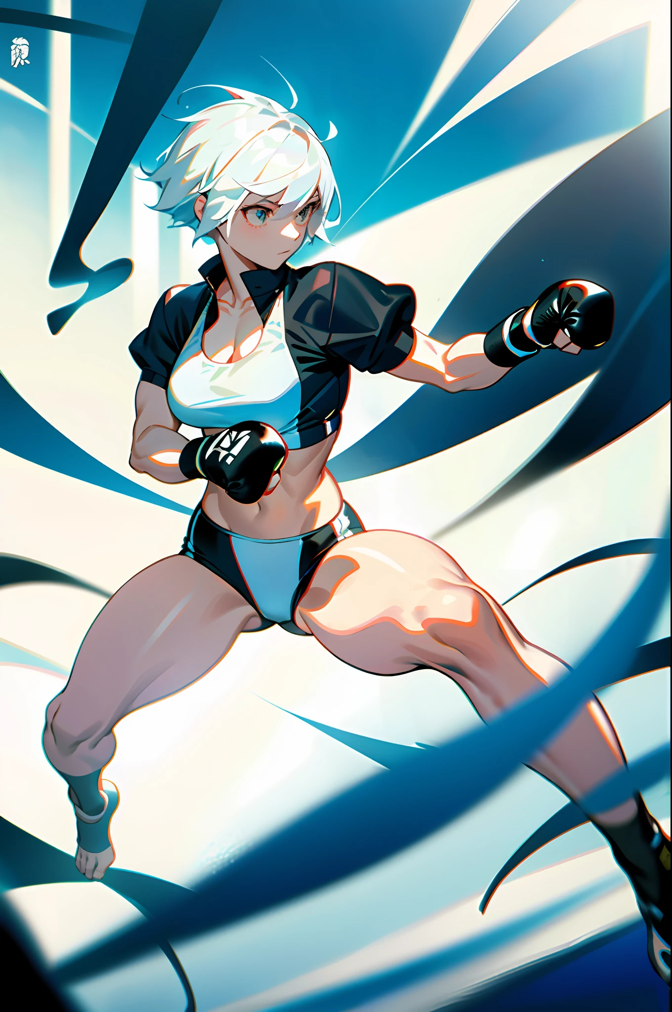 1womanl、boxing、fists up、short-haired、White hair、Sportsbra、spats、Highly exposed、frontage、