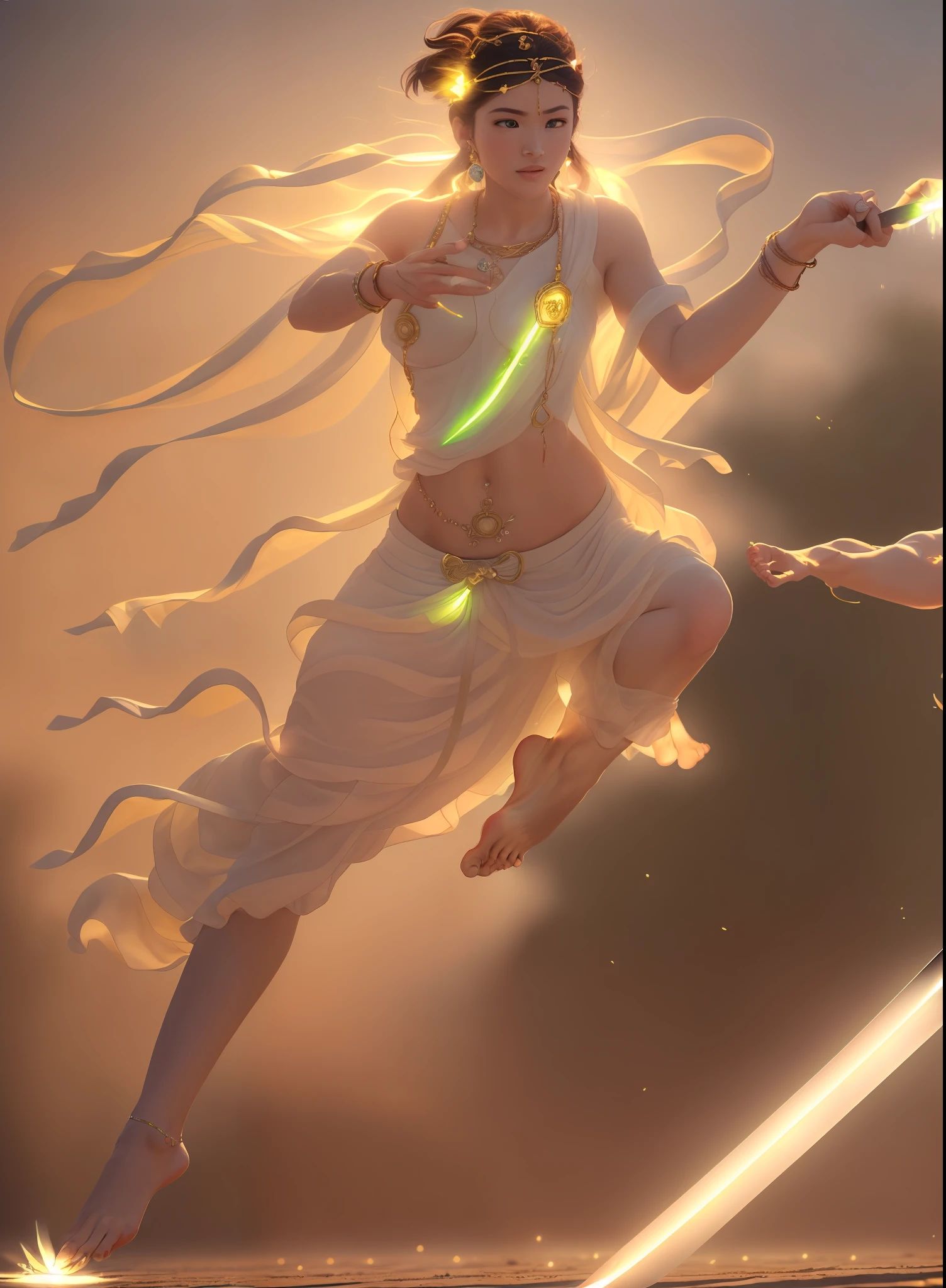 A goddess flying in the sky,16 yaers old,(primitive:1.2),(realisticlying:1.4),(Sharpness:1.2),(((body high:1.5))),(((Gemstones refract dazzling light))),((middlebreast:1)),(Abs:0.7),(glute:1.2),(healthy-looking skin, Thin skin, seductiveexpression, 二重まぶた,Jelly textured lips, Glowing lips,Small upturned lips,(((Flawless skin texture))),Real pores,ctextured skin,choker necklace,Yingluo,(Wear gemstones,pearls,hisui,amber,),(Dynamic hair,Hair hanging down the shoulders,Beaded hairpins,Layered hair,Wet skin texture),Glossy glossy skin,Glowing skin,Radiant hair,eyes looking at the lens,High quality detailing, Cinematic lighting,((Contre-Jour)),absurderes, unbelievable Ridiculous, hugefilesize, ultra - detailed, A high resolution, The is very detailed,best qualtiy,tmasterpiece,illustratio,The is very detailed,CG,unified,8k 壁纸,Amazing Cleavage,finely detailled,tmasterpiece,light in face,Contre-Jour,cinmatic lighting,(((Dynamic lens,Focus on people))),((body proportions of the high jumper)),(((dynamicposes))),(((Correct anatomy))),(((garments:Indian sarees made of transparent plastic,((Pedras preciosas,Diamond,pendant,choker necklace,waist chains,ear studs,耳Nipple Ring,Bracelet,Anklets)),(((A world of mist and nothingness))),(((The flying sword is set with gems))),(((Body floating in the air,foot in the air,Tiptoe off the ground,flight))),(((cinematic ligh:Shushan Biography))),((Countless glowing small swords levitated around the body)),