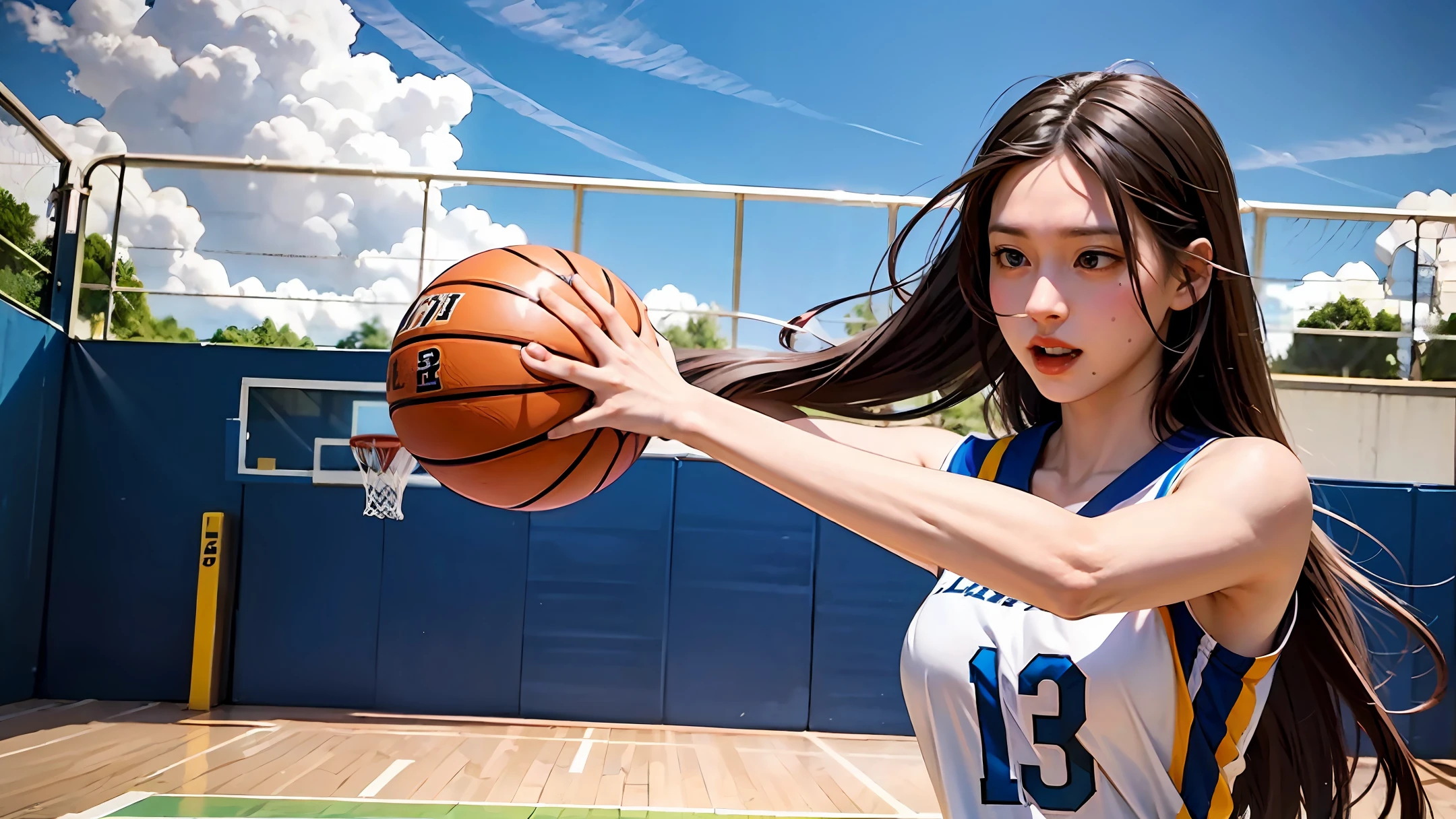 Girls in basketball uniforms Long hair Shooting action The best quality basketball court by the lake Determined eyes