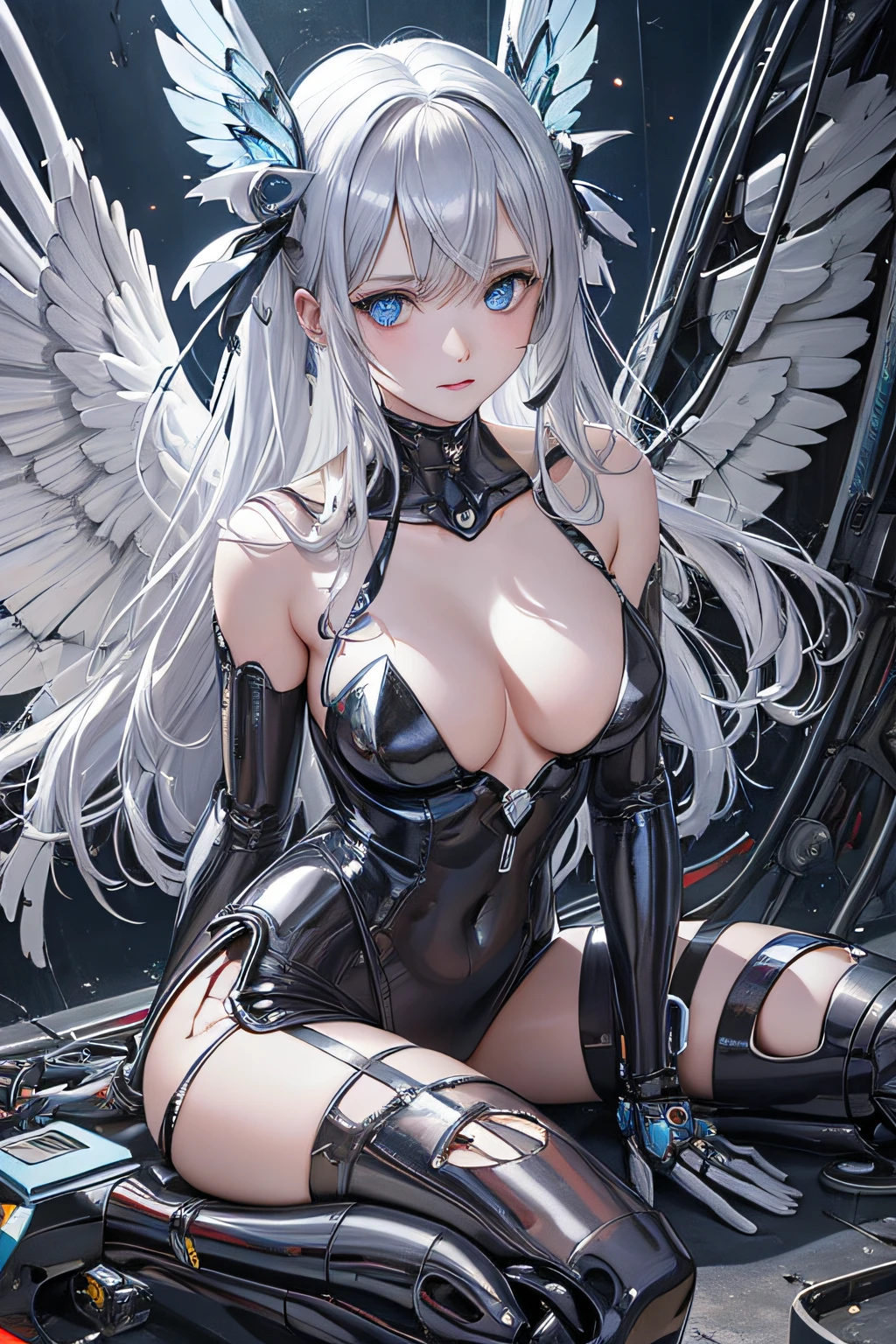 A badly damaged mechanical robotic angel with one arm torn off, power cables leaking fluid, sparks flying, and its mechanical wings torn and damaged. The Angel has a beautiful european womans face, blue eyes and stunning silver hair
