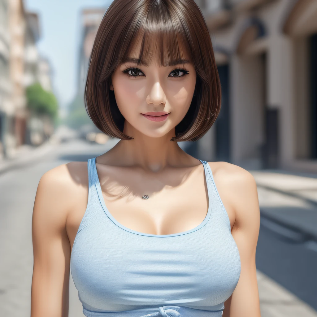 ((Best quality, 8k, Masterpiece :1.3)), Sharp focus :1.2, A pretty woman with perfect figure :1.4, Slender abs :1.2, ((Layered haircut, :1.2)), (Tank top shirt :1.1), (Street :1.2), Highly detailed face and skin texture, Detailed eyes, Double eyelid --auto