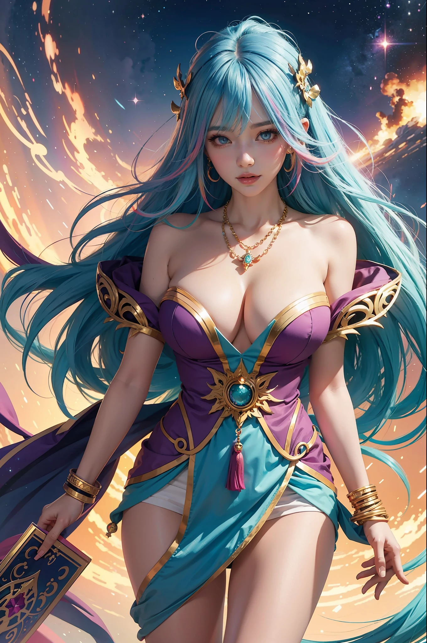 Close-up of a woman with colorful hair and necklace, anime girl with cosmic hair, Rossdraws' soft vibrancy, Gouviz-style artwork, fantasy art style, colorful]", vibrant fantasy style, Rossdraws cartoon full of vitality, cosmic and colorful, Guweiz, colorful digital fantasy art, stunning art style, beautiful anime style, white skin, secretary costume,
