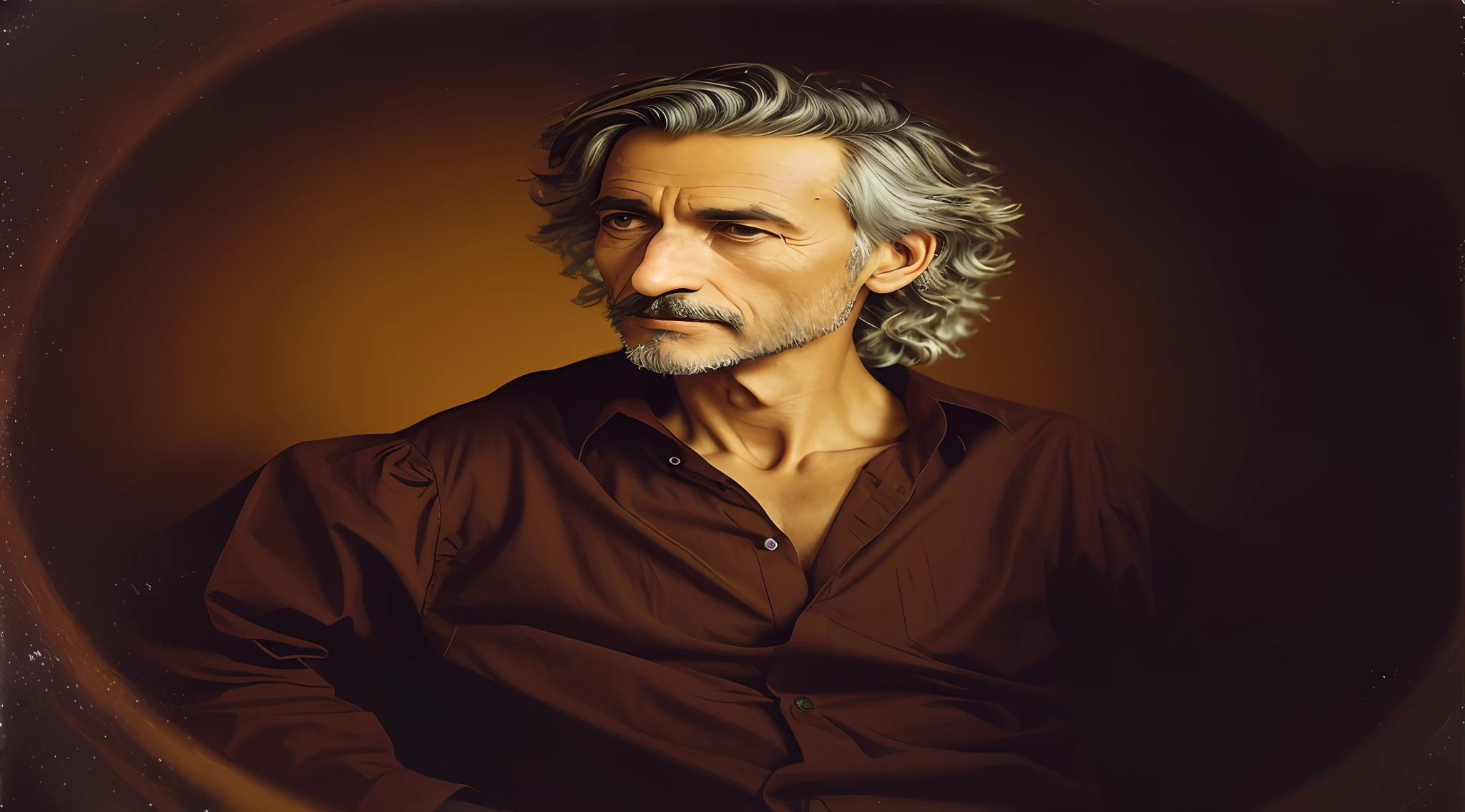 uma foto ultra realista de um homem  de meia idade, com um casaco marrom e camisa branca, olhando em 45 graus, with arms closer to the body, 19th-century philosopher, Arte digital premiada, Energetic, (insanamente detalhado:1.5), 20 megapixels, Canon EOS R3