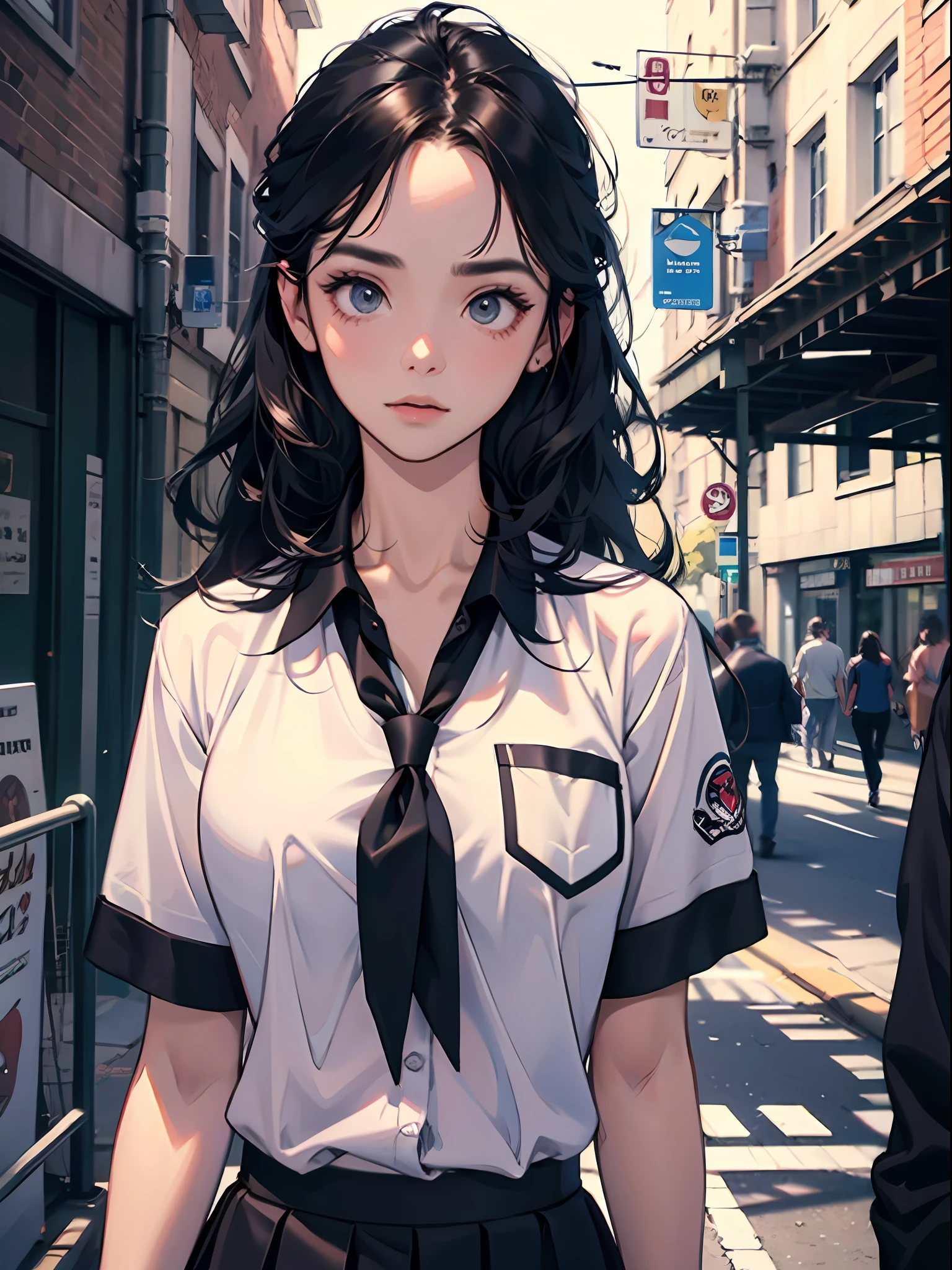 15 year old young girl : 1.3, long black hair: 1.2, Casual wear: 1.2, Daytime: 1.2,In the school campus: 1.2,Wearing school uniform:1.2, Film lighting, Surrealism, UHD, ccurate, Super detail, textured skin, High detail, Best quality, 8k,