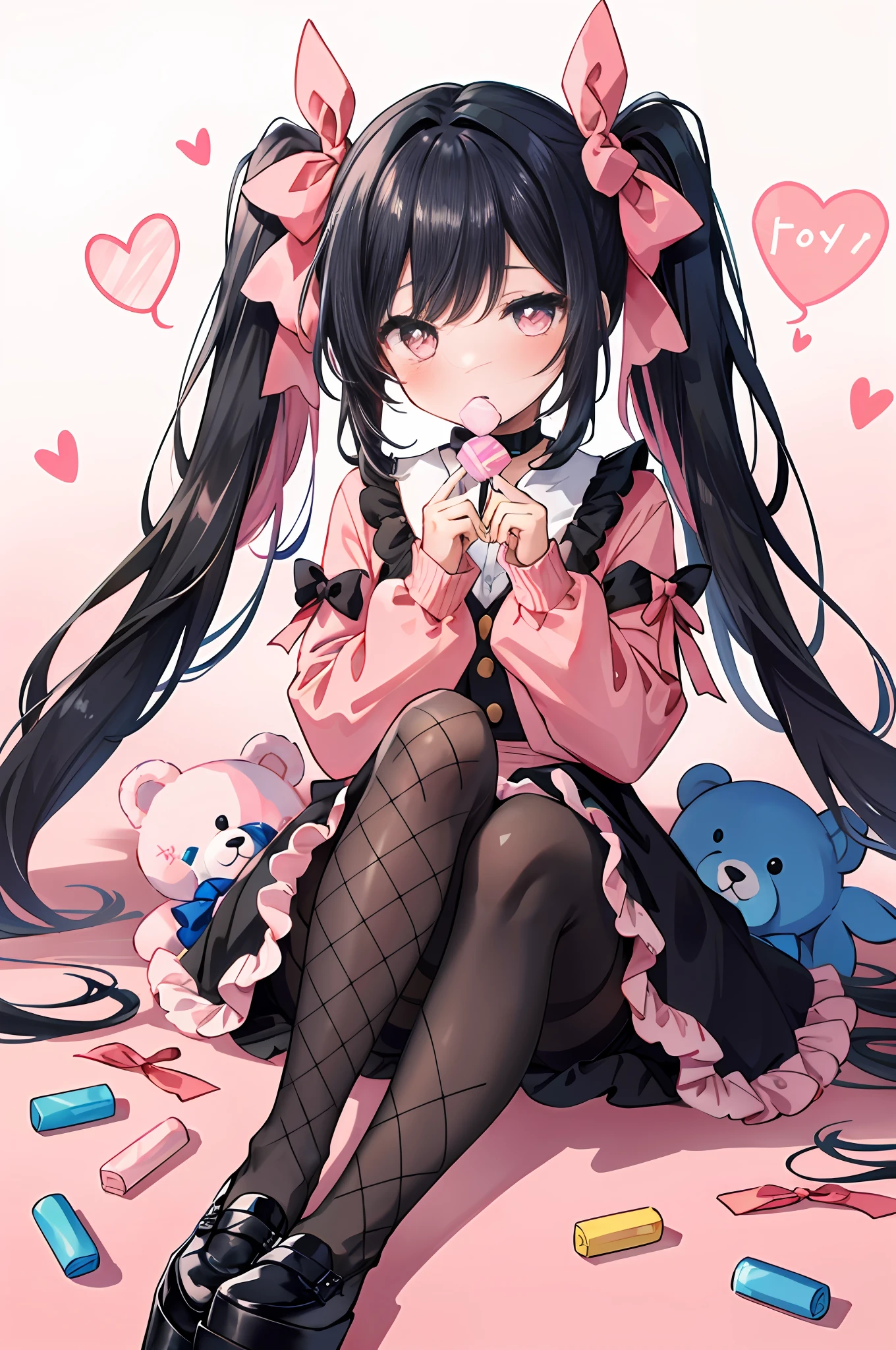 masterpiece, best quality, (jirai_kei),1girl, solo, long_hair, looking_at_viewer, shirt, black_hair, long_sleeves, bow, ribbon, twintails, sitting, monochrome, hair_bow, heart, pantyhose, frills, food, shoes, choker, blunt_bangs, black_skirt, pink_eyes, stuffed_toy, pink_background, stuffed_animal, frilled_skirt, pink_bow, (fishnets), candy, bandaid, pink_shirt, teddy_bear, lollipop, (fishnet_pantyhose), platform_footwear, pink_theme, pill, heart-shaped pupils,