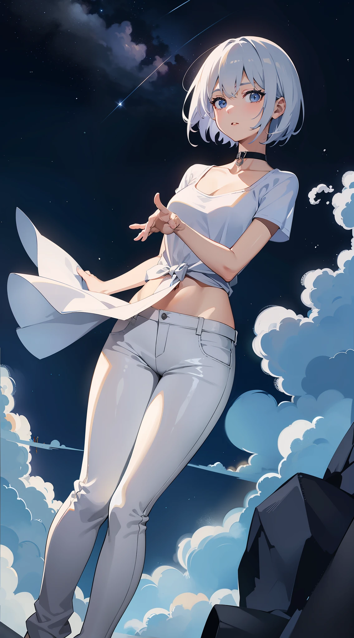 Become a woman。Short-haired woman with silver hair。Wearing a white T-shirt and dark blue pants。Wishing for a starry sky。It is an anime-style illustration。Beautiful with the best image quality