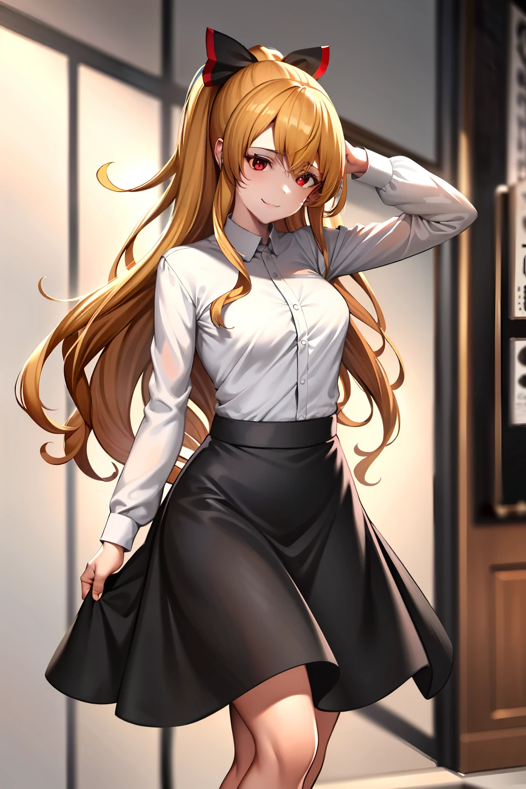 masterpiece, best quality, absurdres, perfect anatomy, 1girl, solo, ViraGB, long hair, ponytail, high-waist skirt, long skirt, white skirt, black shirt, long sleeves, smile, standing, indoors, shopping mall