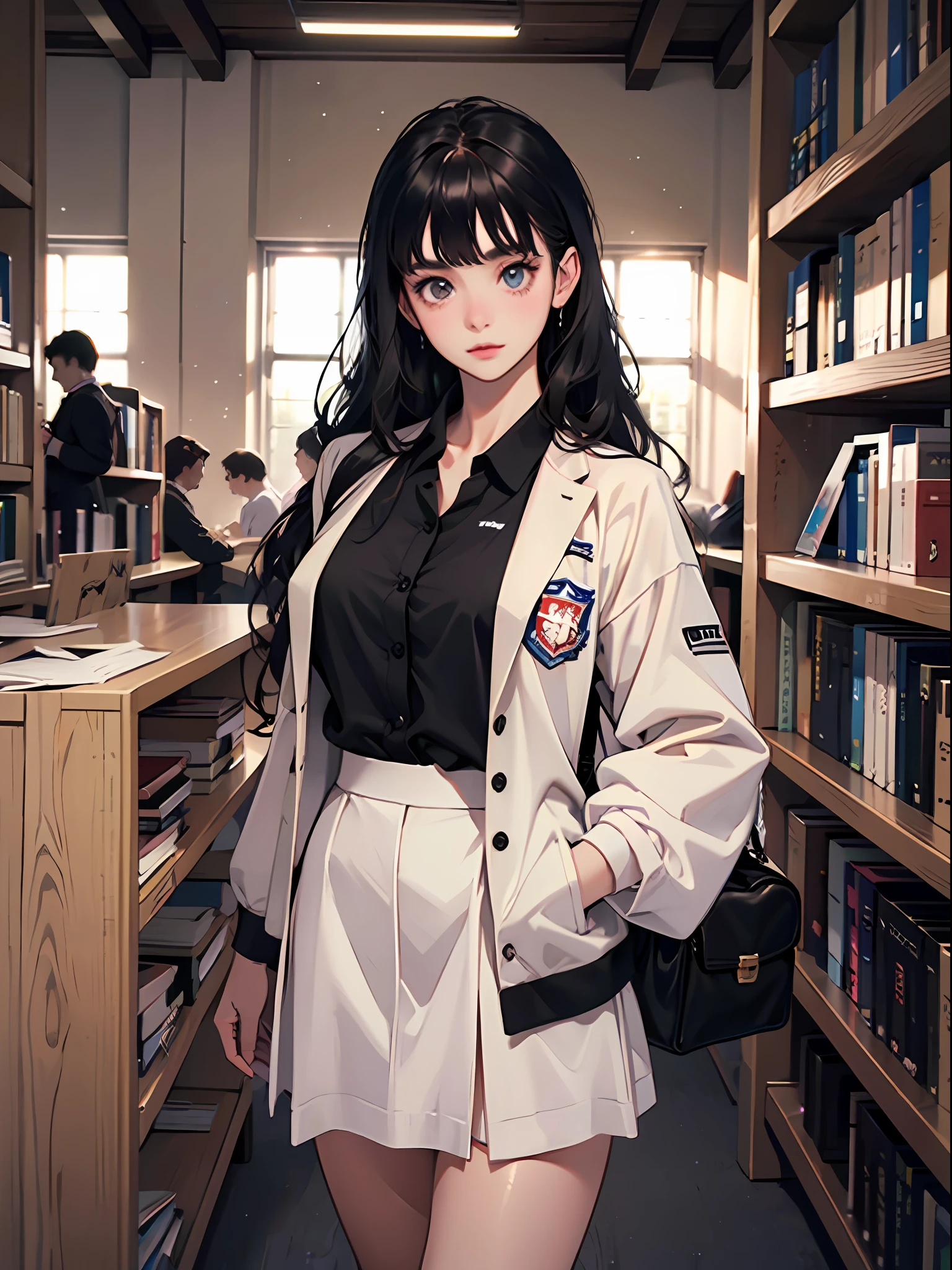 15 year old young girl : 1.3, long black hair: 1.2, Casual wear: 1.2, Daytime: 1.2,In the library: 1.2,Wearing school uniform:1.2, Film lighting, Surrealism, UHD, ccurate, Super detail, textured skin, High detail, Best quality, 8k,