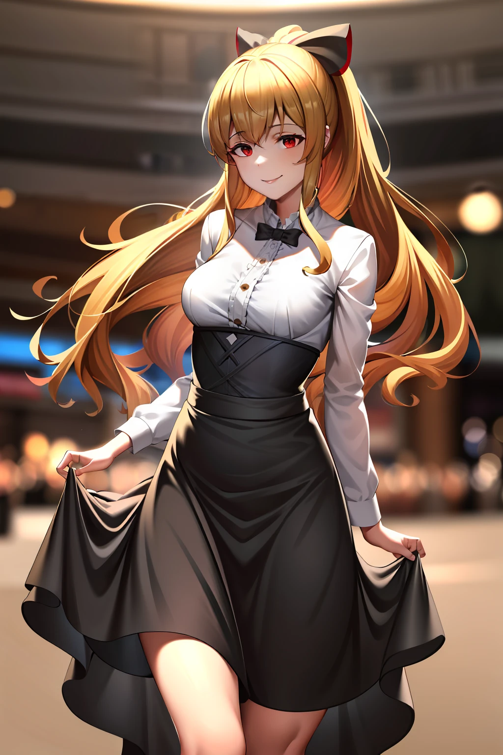masterpiece, best quality, absurdres, perfect anatomy, 1girl, solo, ViraGB, long hair, ponytail, high-waist skirt, long skirt, white skirt, black shirt, long sleeves, smile, standing, indoors, shopping mall