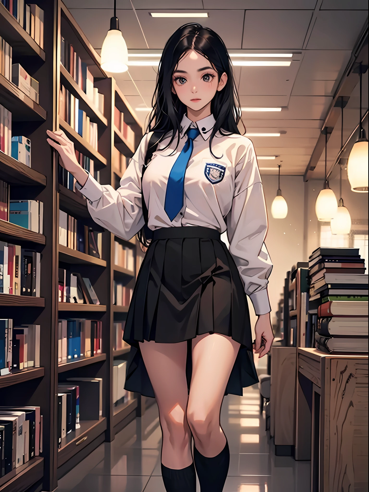 young girl : 1.3, long black hair: 1.2, Casual wear: 1.2, Daytime: 1.2,In the library: 1.2,Wearing school uniform:1.2, Film lighting, Surrealism, UHD, ccurate, Super detail, textured skin, High detail, Best quality, 8k,