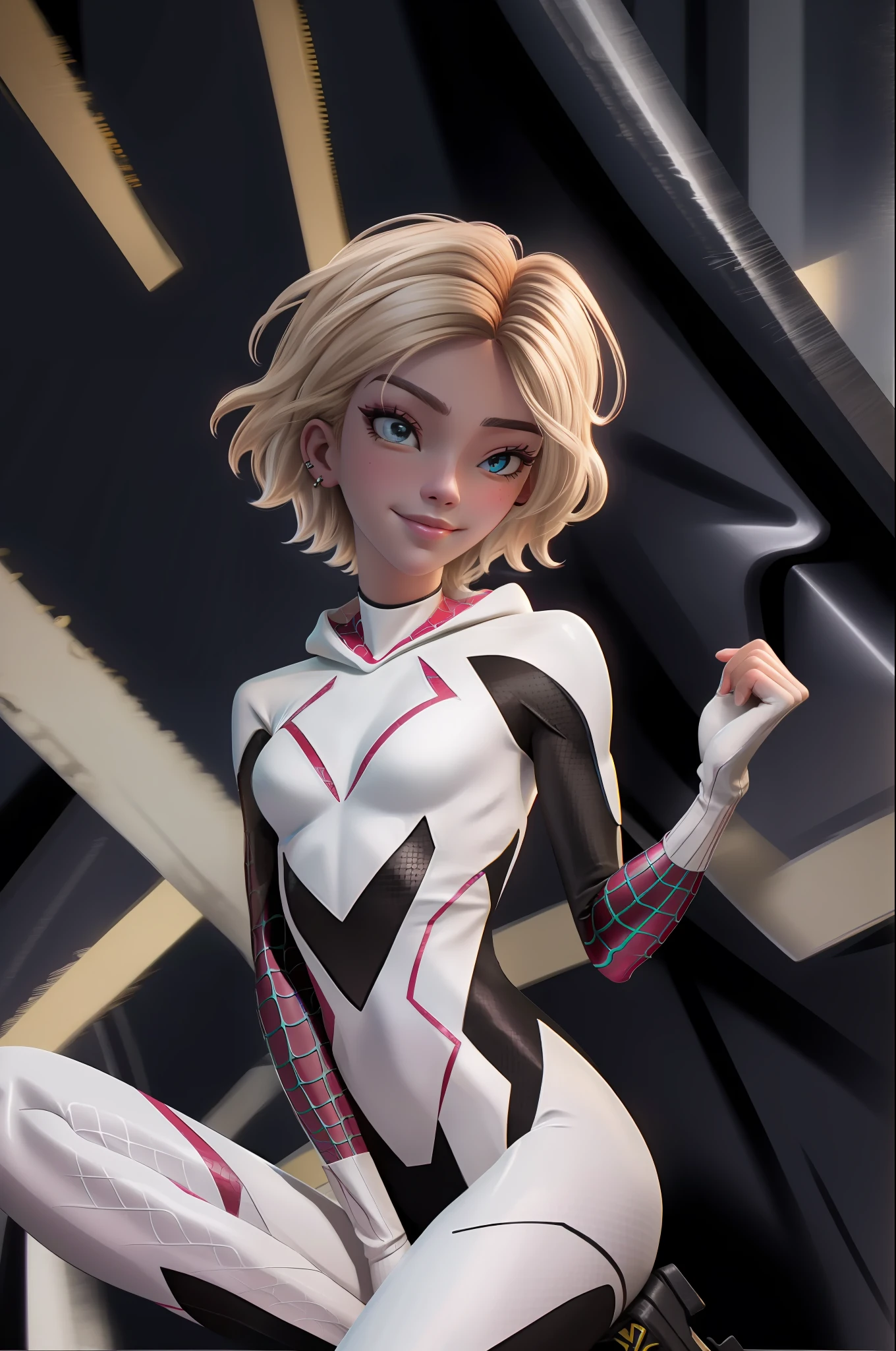 (masterpiece, best quality),  intricate details,
1girl,  gwen stacy, blonde hair , short hair, animification ,eyebrow piercing,spider-gwen suit , bodysuit , superhero
smirking,