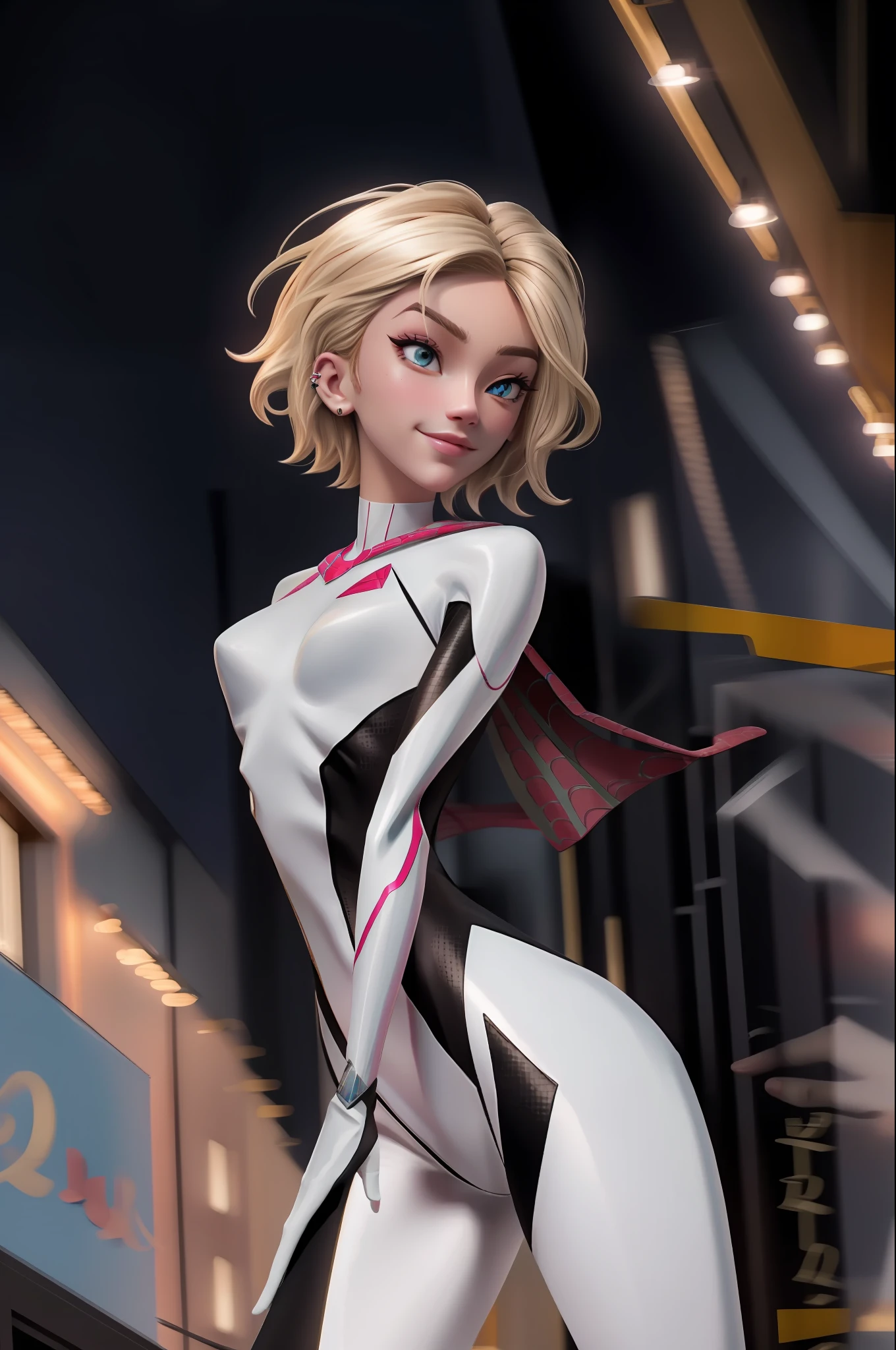 (masterpiece, best quality), intricate details,
1girl, gwen stacy, blonde hair , short hair, animification ,eyebrow piercing,spider-gwen suit , bodysuit , superhero
smirking,