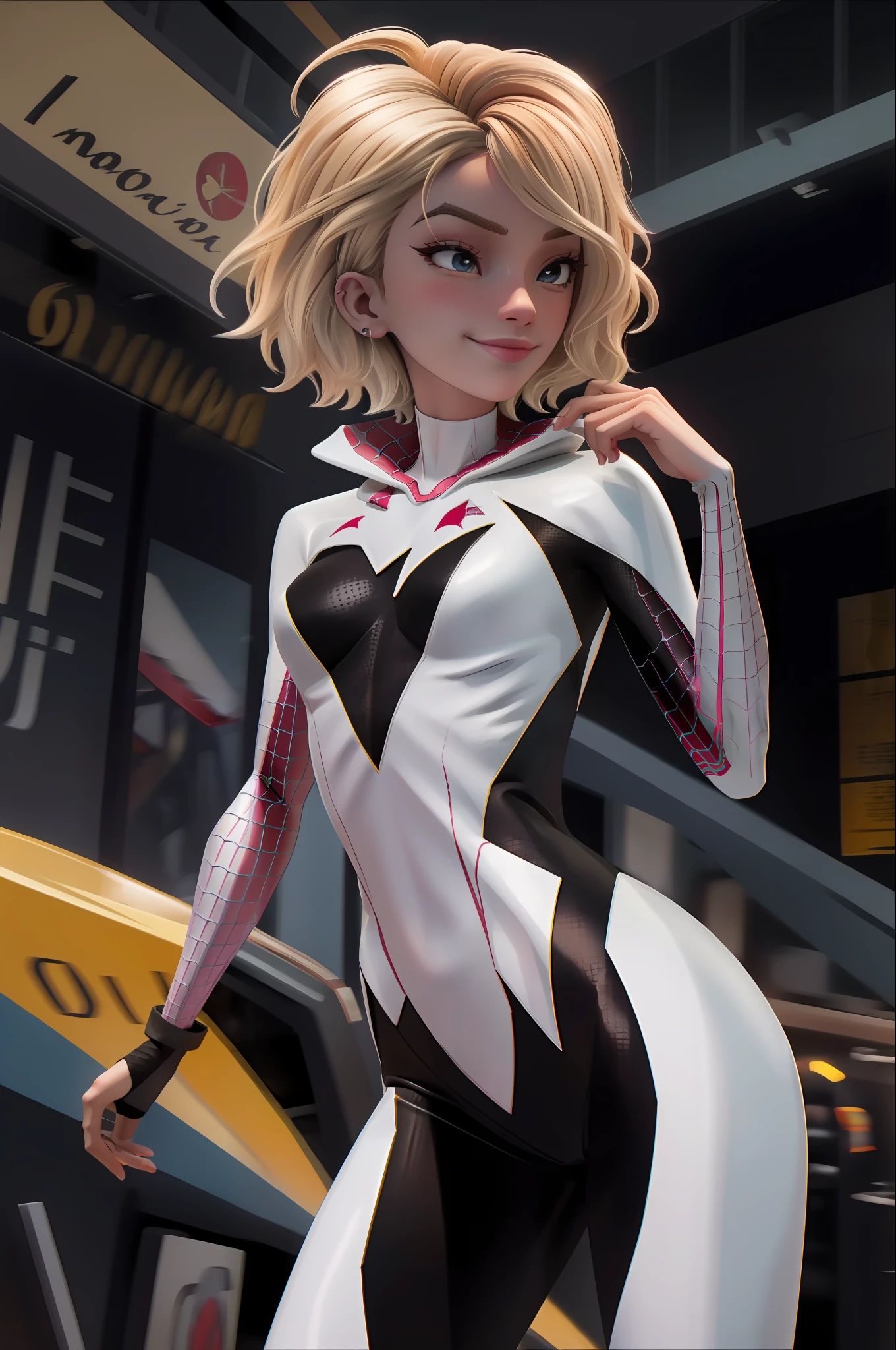 (masterpiece, best quality),  intricate details,
1girl,  gwen stacy, blonde hair , short hair, animification ,eyebrow piercing,spider-gwen suit , bodysuit , superhero
smirking,