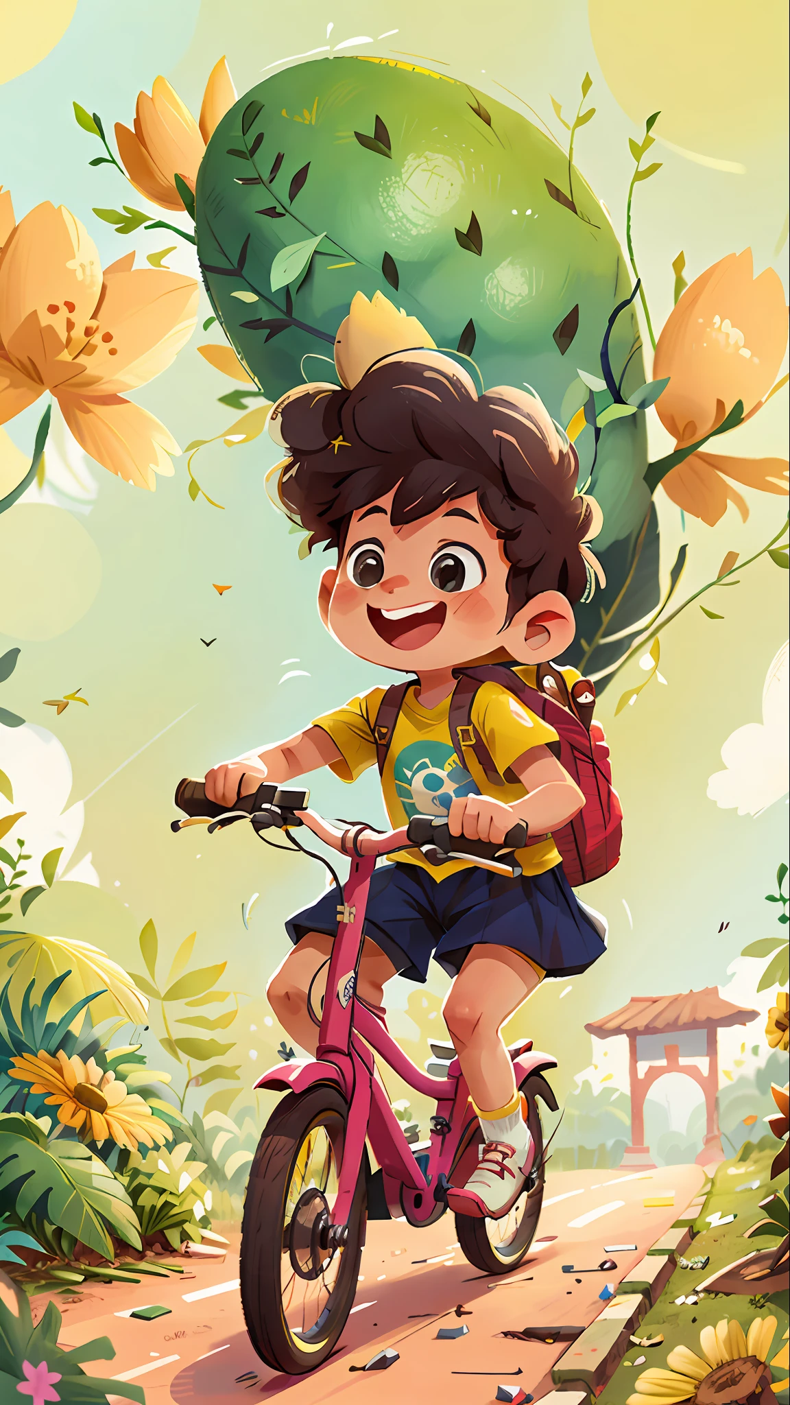 um pai ensinando uma  menina andar de bicicleta, sorrindo parque ao fundo