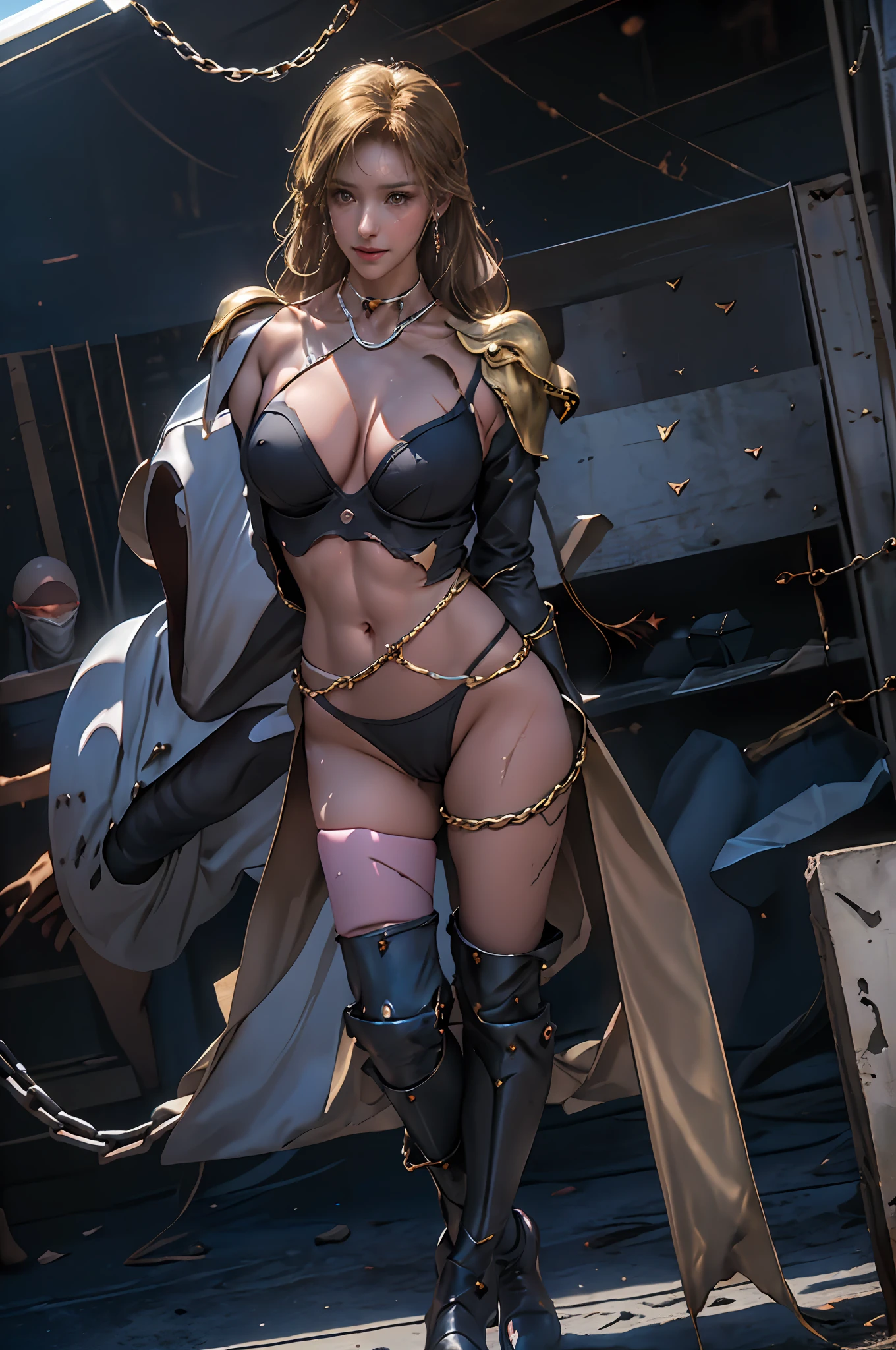 - [ ] Photo,sharpnes,Unique 850 4,Koda850 k portrait camera,F1.6 lens,ultra realistic textures,spectacular light textures,Cinestil 800 Fashion Mechanics,Beautiful girl with accentuated slender abs:1.4,Six-pack abs:1.4,Bust Botox,((Wearing a light costume with a torn crotch of a superheroine)) ,(((toppless))),((No panties,no-bra)), ((Both wrists are restrained behind the back,the left leg is suspended at the knee))、wet thighhighs,(futuristic sci-fi battle fashion,elbow and knee cyberpad,cyber long boots,cyberglove:1.1),(srestrained),slaves,gargantilha,scornful,((cry with pain)),((wide prison with sunlight)),Dark Fantasy,Peeling ceiling,Slab breakage,Rebar between cracks,Realistic material details,Extreme detailing,ultra-realistic material,Broken walls,((Torn costume)),(Chained),((Highlighted by chains)),((shredded costumes,Broken golden shield and battle spear,long combat boots with golden knee pads,Golden shoulder armor and combat gloves,Junkyard,life-like(bruise,Unclean,ripped clothing,skimpy clothes),brown haired,length hair,torn cloak,ripped pantyhose,long legged,Metal shackles and fetters,((Four chains suspended from heaven)),No pubic hair,wet crotch clearly visible,Anatomical、(futuristic sci-fi battle fashion、cracked elbow and knee cyberpads、ripped cyber long boots、ripped cyber gloves:1.1),(((Four drills that broke through the ground and popped out 5 cm、One drill extends towards the crotch)))、Chained shackles and fetters,srestrained,slaves,gargantilha、(Vast prison in the sun)、Dark Fantasy、Peeling ceiling、Slab breakage、Rebar between cracks、Realistic material details、Extreme detailing、ultra-realistic material、Broken walls、Swarovski sword and shield at your feet