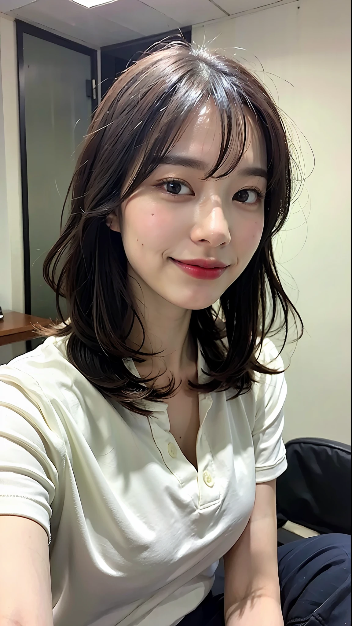 (top-quality、8K、32K、​masterpiece、nffsw:1.2)、Cute Japan pictures of married girls、18year old、short-hair、polo shirts、A smile、beauitful face、(Slouched:1.3)、crouching down、(From  above:1.2)、(a closeup:1.4)、POV、large full breasts、(beautiful nipple slips:0.9)、Hotel room、the wind、shinny skin、blurry backround、