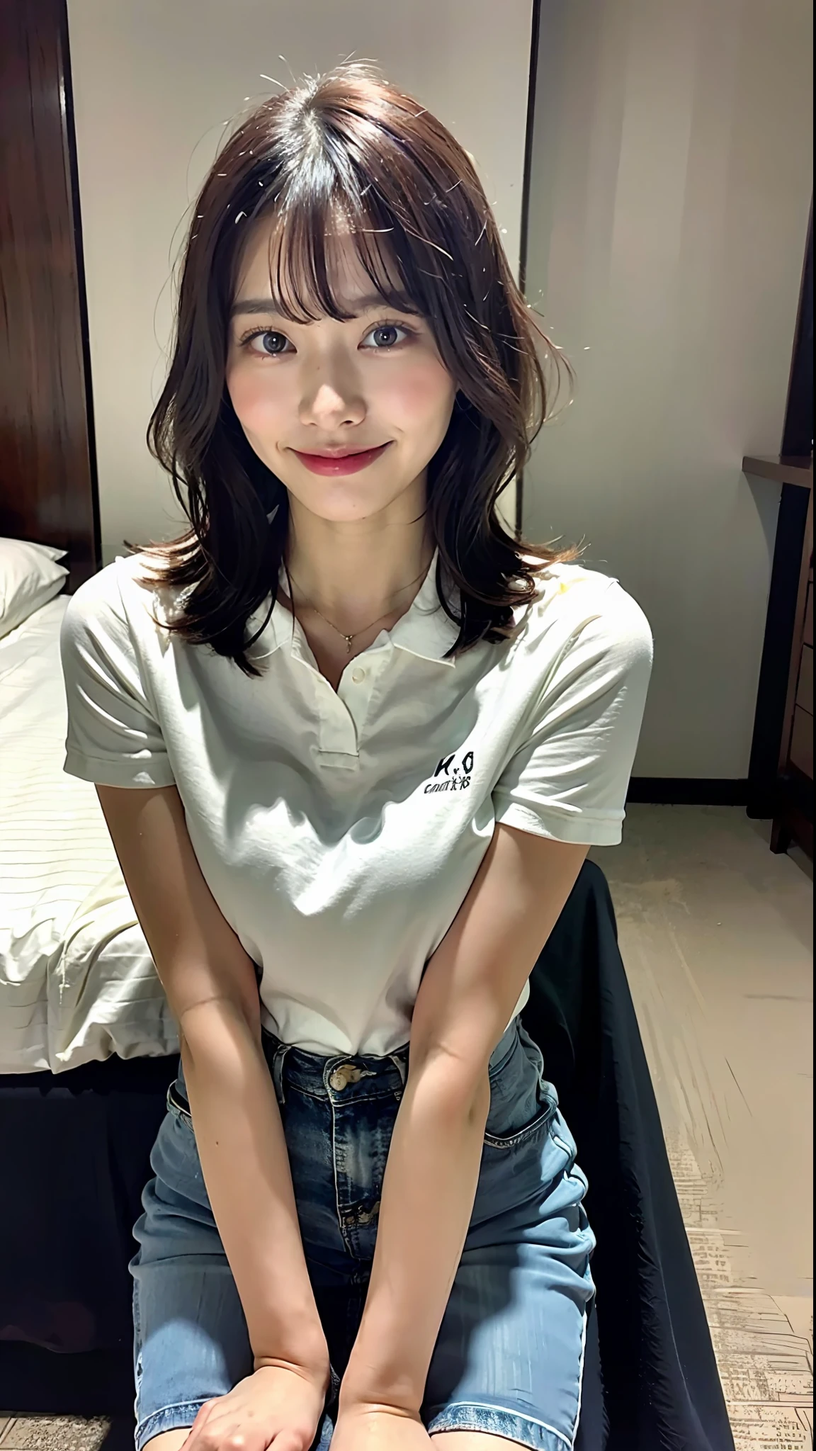 (top-quality、8K、32K、masterpiece、nffsw:1.2)、Cute Japan pictures of married girls、18year old、short-hair、polo shirts、A smile、beauitful face、(Slouched:1.3)、crouching down、(From above:1.2)、(a closeup:1.4)、POV、large full breasts、(beautiful nipple slips:0.9)、Hotel room、the wind、shinny skin、blurry backround、
